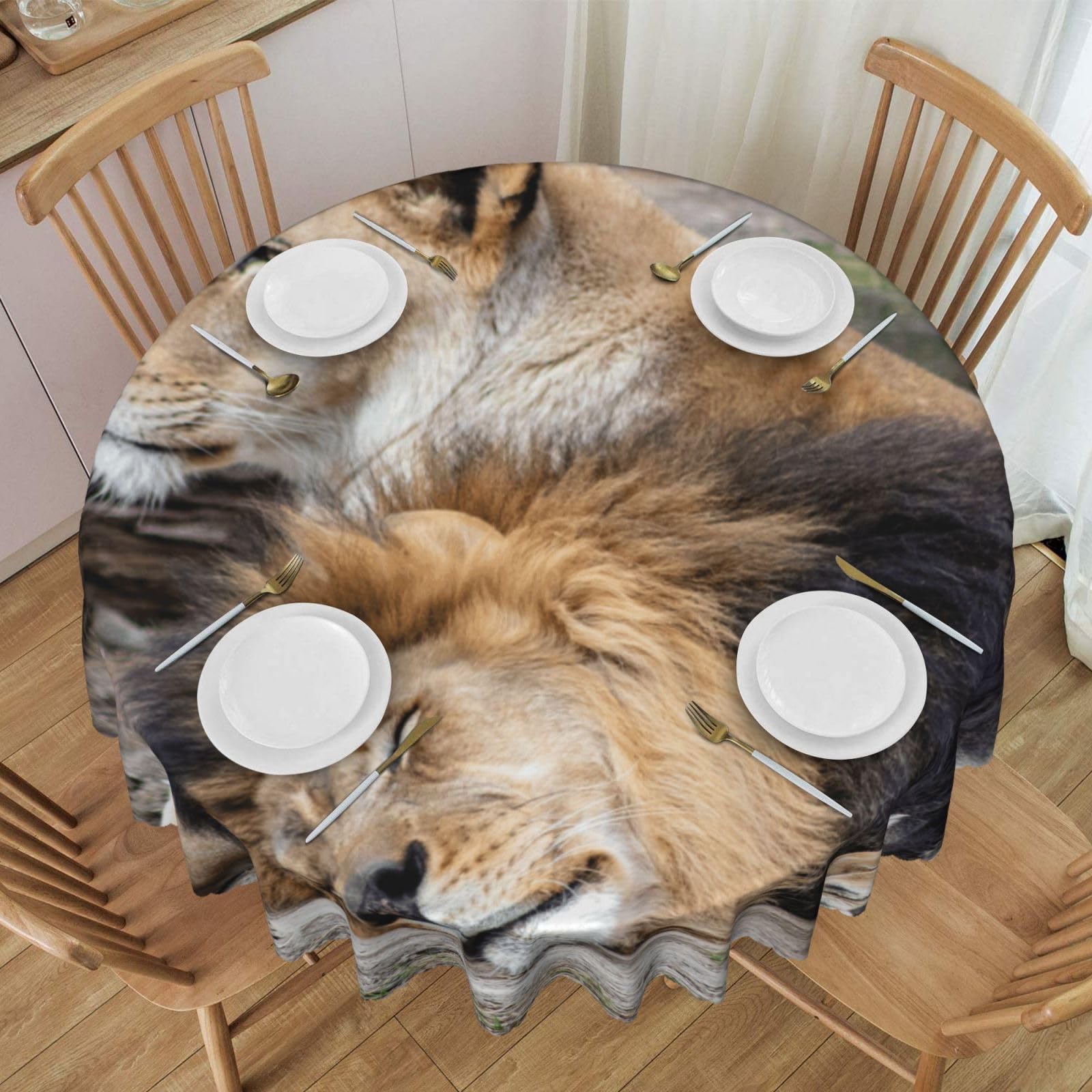 DCEHGEW 60 In Round Tablecloth with Lace, Two Lions Printed Oilproof & Washable Fabric Picnic Table Cloth Table Covers
