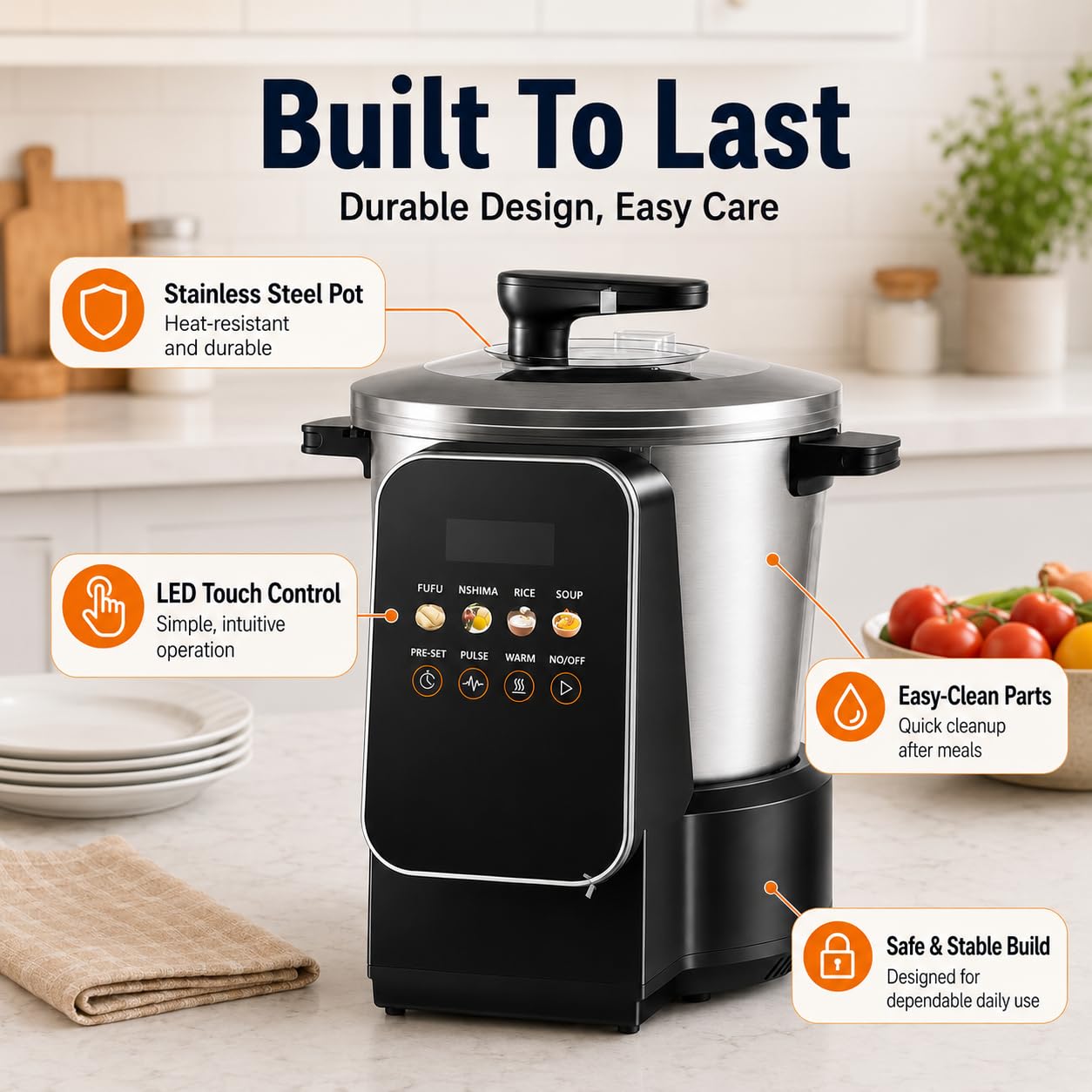 Pound Yam Automatique 6L Anti-adhésif Acier Inoxydable Cuisinière avec LED