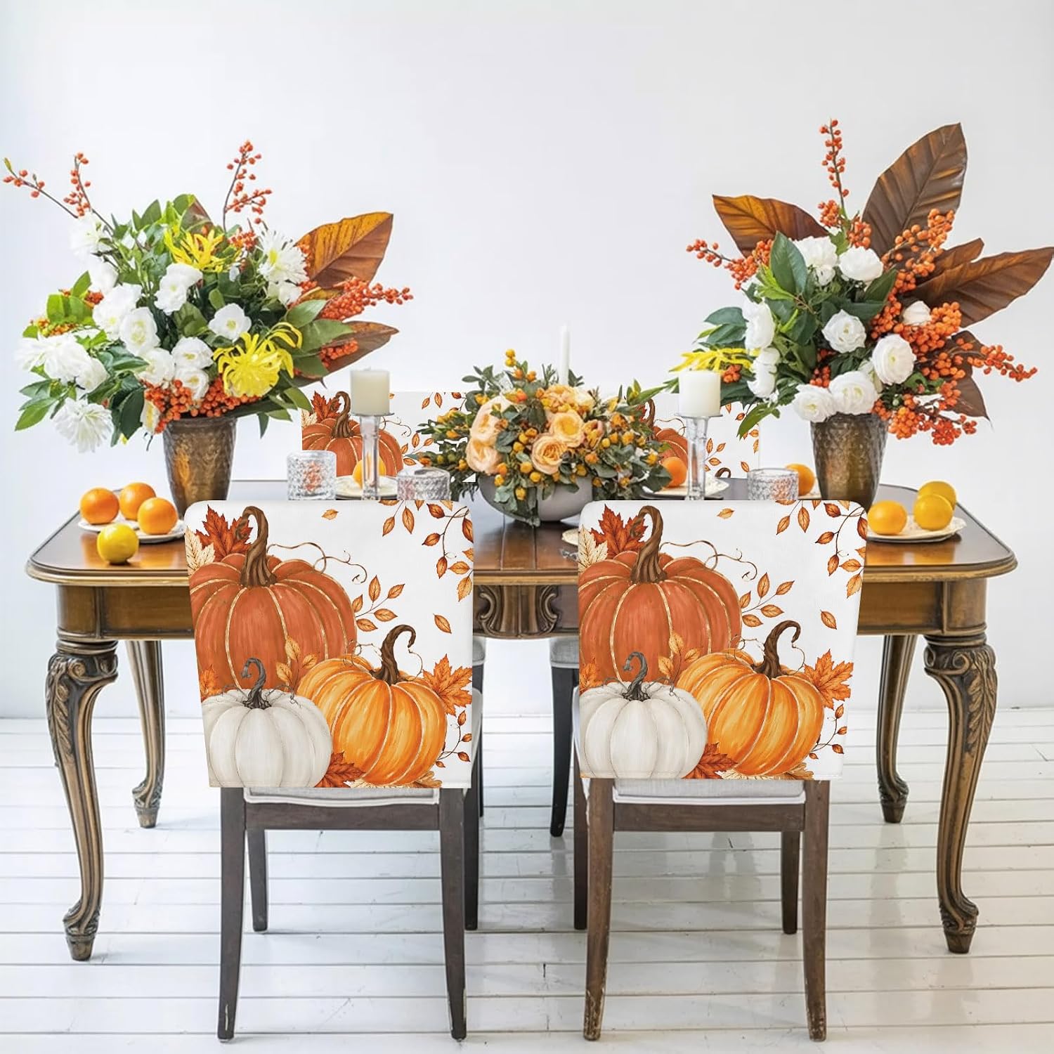 Burnt Orange Pumpkins Fall Chair Covers Set of 4 for Dining Room, Thanksgiving Botanical Chair Back Cover, Maple Leaves Removable Kitchen Chairs Slipcovers Seat Protector for Party Banquet Decorations