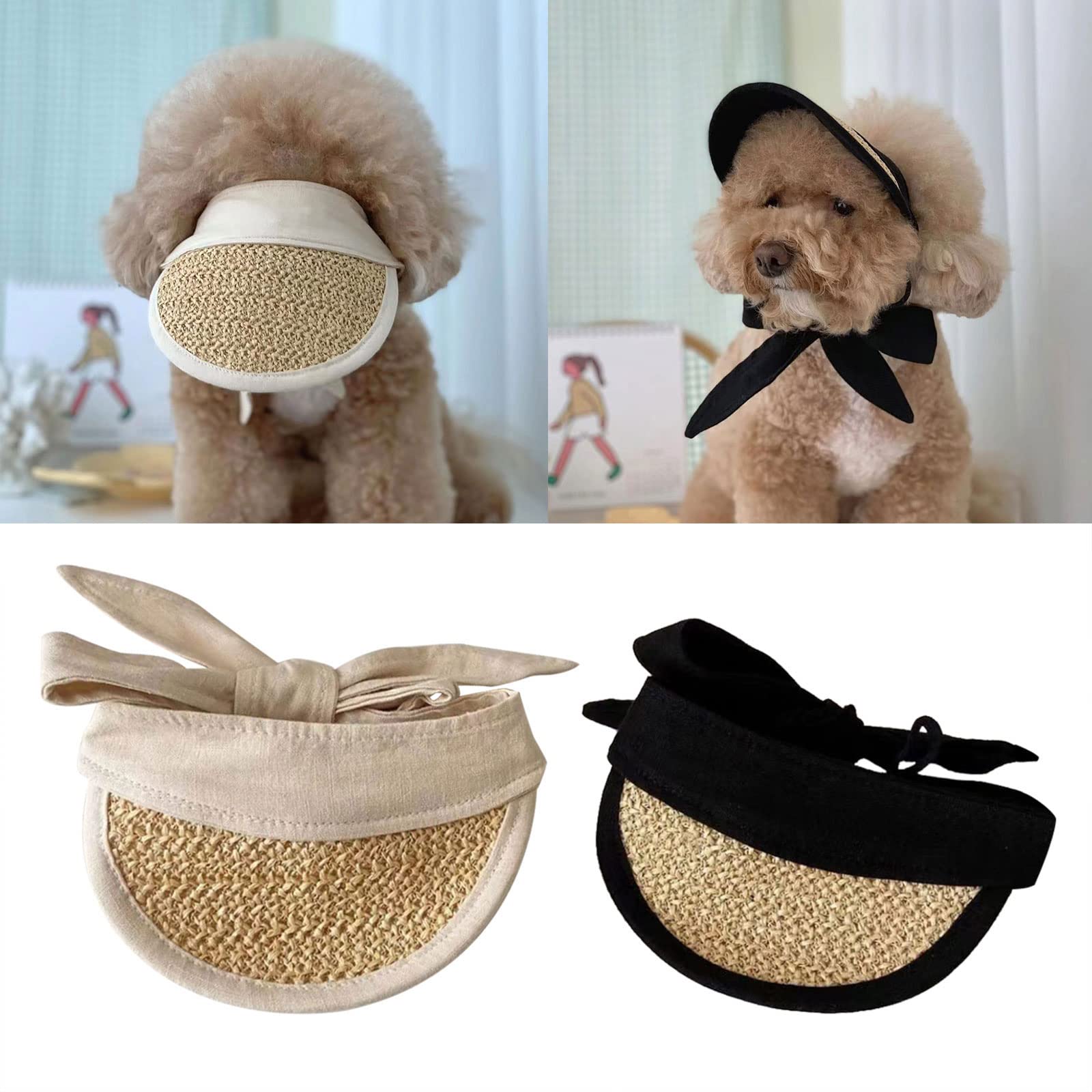 Pet Protections Straw Sun Vistor Hats Costume with Adjustable Chin Strap for Small Dogs Outdoor