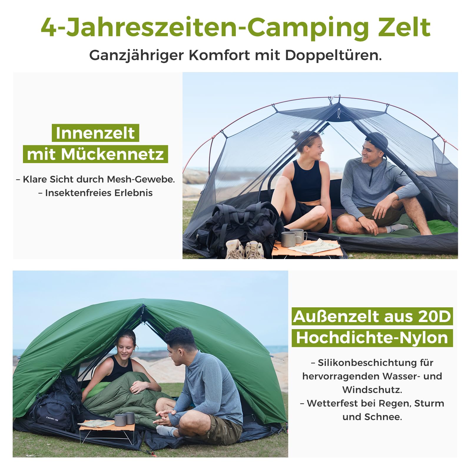 ATEPA Ultraleicht Zelt 2 Personen 1.9kg Wasserdicht & Windschutz, Camping Zelt Abtrennbares Mesh-Innenkonto mit Vorbau für Trekking Camping Bikepacking Outdoor Wandern