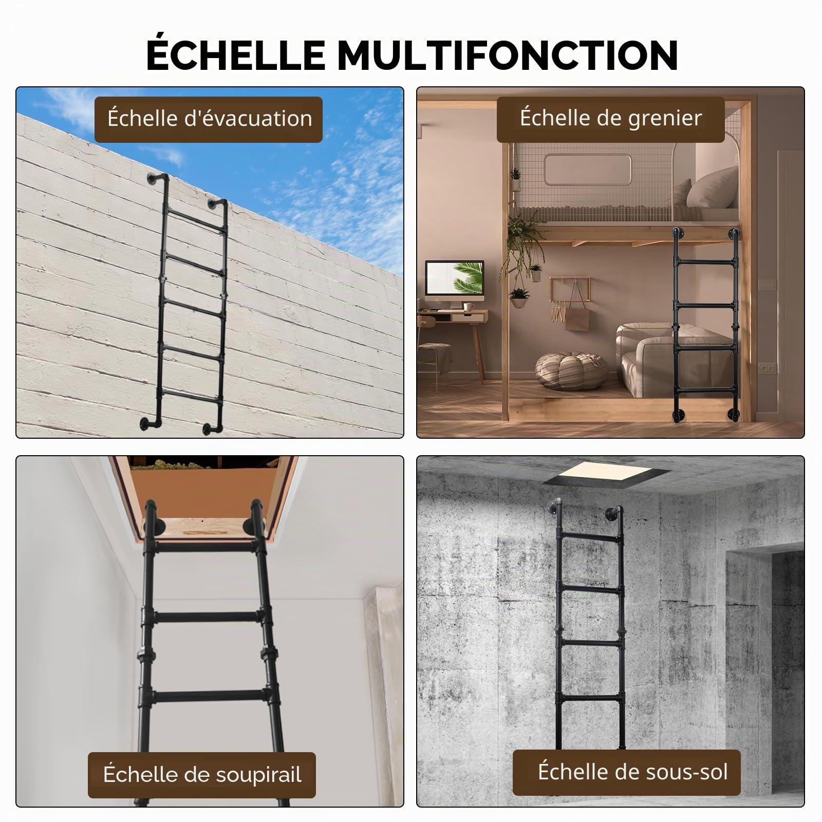 Échelle Murale lit superposé 100cm, escabeau métallique 3 marches | Style industriel fer forgé, charge 150kg, intérieur/extérieur, pour sous-sol, dortoir, grenier, mezzanine et puits de lumière