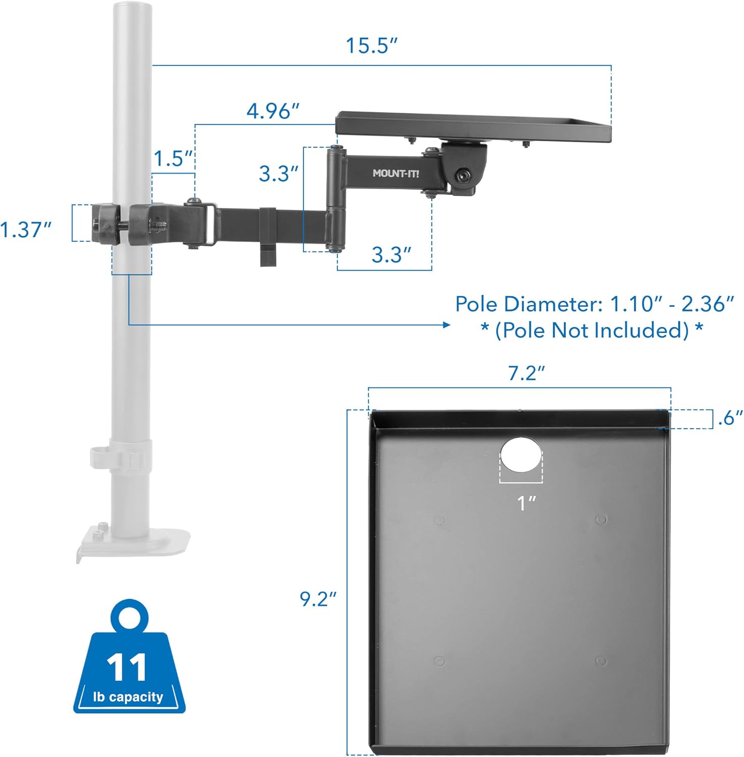 Mount-It! Printer Pole Mount for Thermal Label Printers, Full Motion Arm with Rotating Tray, Holds up to 11 lbs, Swivel, Rotate and Tilt, Clamp Connection Arm Mount for Label Makers