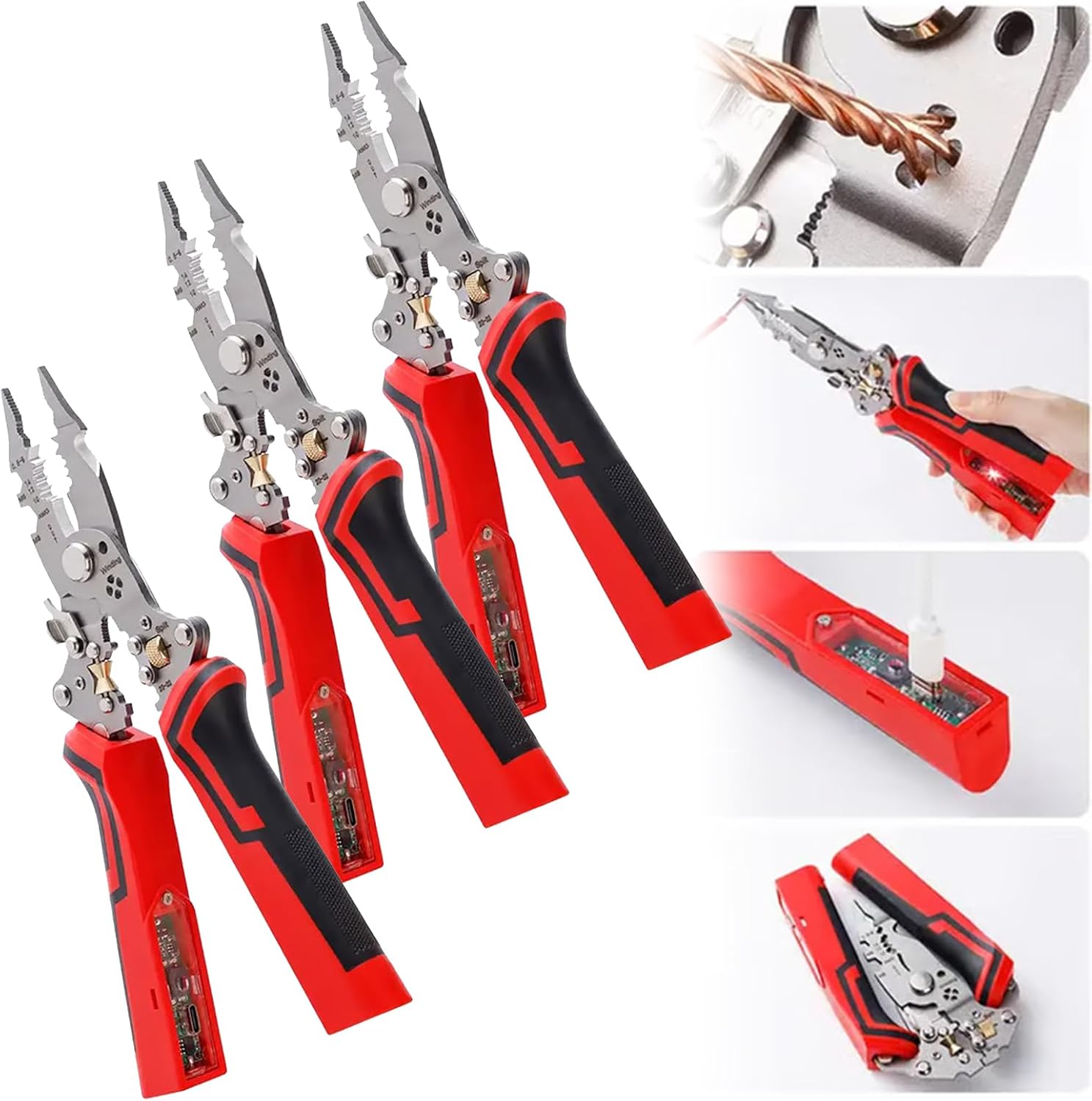 Rechargeable 16 in 1 Wire Stripper Twister, For Cutting and Pulling Wires, Cable Scissors,Voltage Tester Pliers, 12v to 250v Live,Null,Hot Wire Judgment Ac Dc, Audible and Flashing LED Alarms (A#)