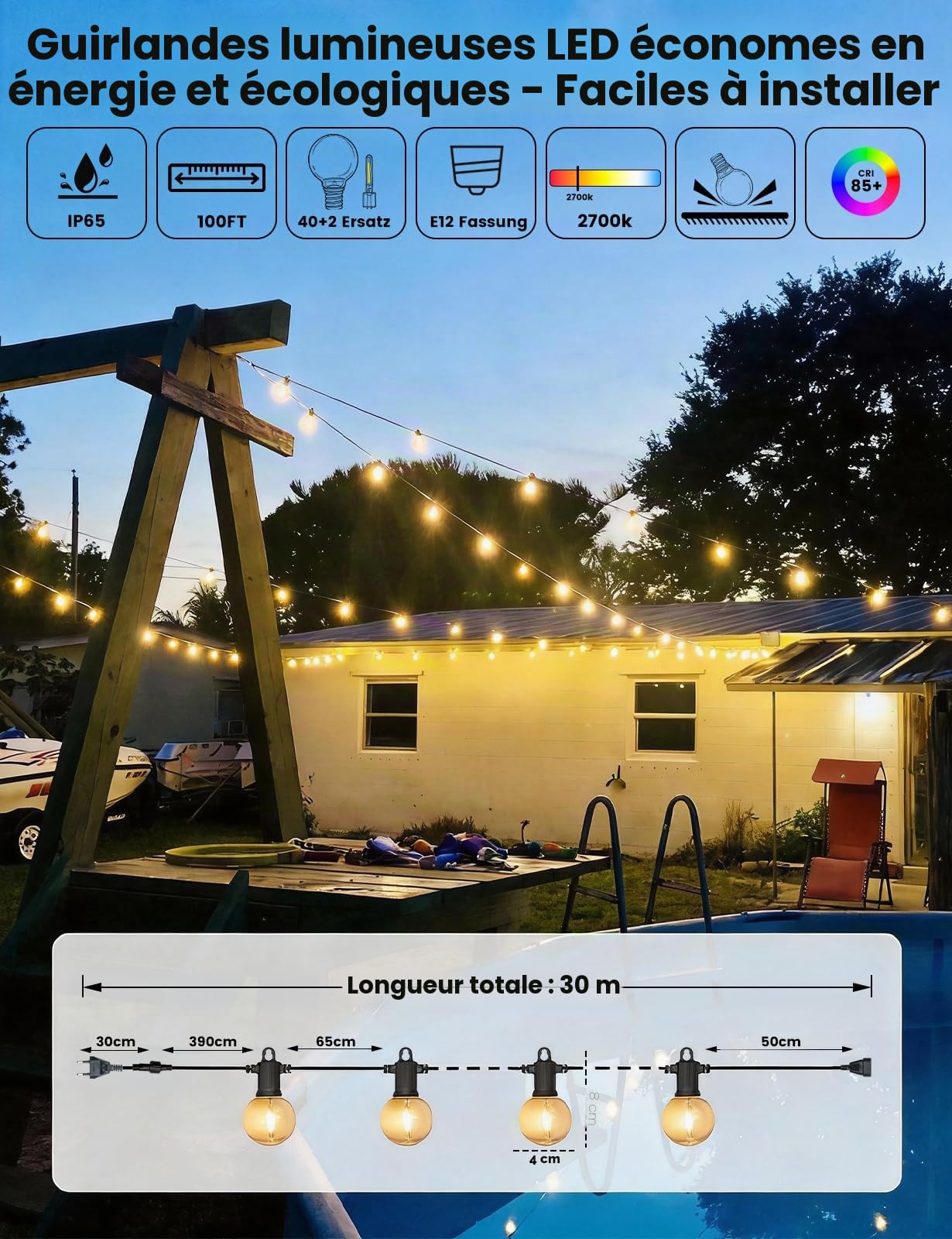 ZOTOYI G40 Guirlande Lumineuse Extérieure 100FT/30M LED 40 Ampoules 2700K Blanc Chaud Étanche