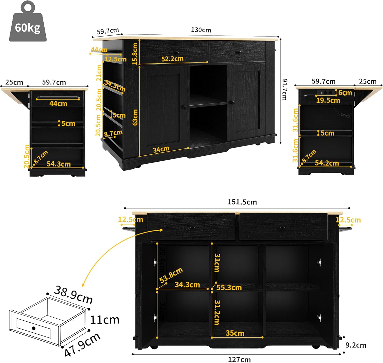 Detailed dimensions diagram of the Merax Kitchen Island
