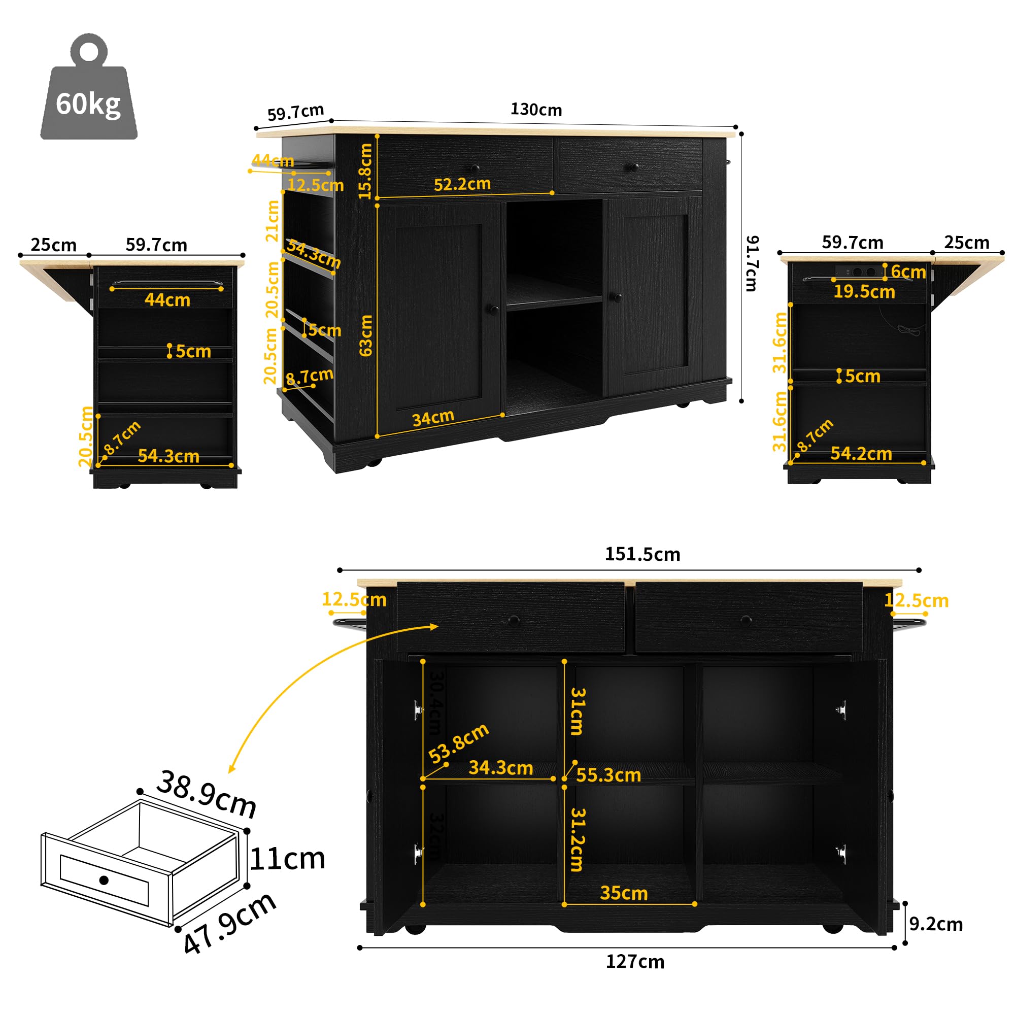 Merax Isla de cocina con encimera, carrito de cocina móvil equipado con regleta, armario buffet con 2 puertas, 2 cajones, estante para especias, toallero, 151,5 x 84,7 x 91,7 cm, color negro
