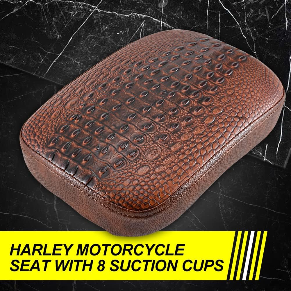 KATUR Seat Cushion Brown Crocodile Pattern Leather 8 Suction Cup Rear Pillion Passenger Pad Compatible with Harley Davidson Bobber Chopper