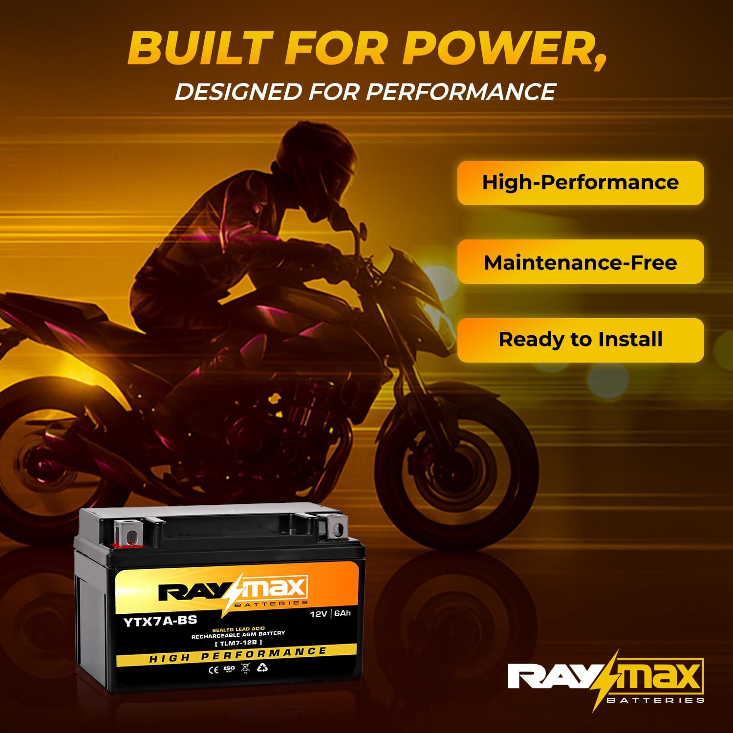 YTX7A-BS AGM Battery – 12V 6Ah | High Performance Sealed Lead Acid Power Cell | Perfect Fit for Motorcycles, ATVs, Scooters, and More – Maintenance-Free | Dimensions: 5.9"L x3.42"W x 3.69"H.