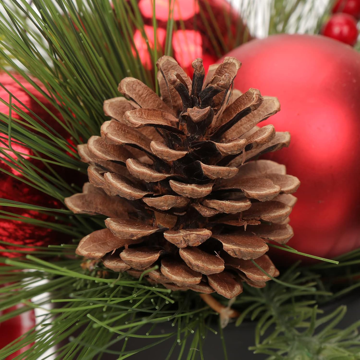 Briful 10 Inch Mini Christmas Tree Artificial Potted with Pinecones Berries and Red Xmas Ball Ribbon Christmas Arrangements Centerpieces Ornaments in 4.7'' Black Ceramic Pot for Home Indoor Table