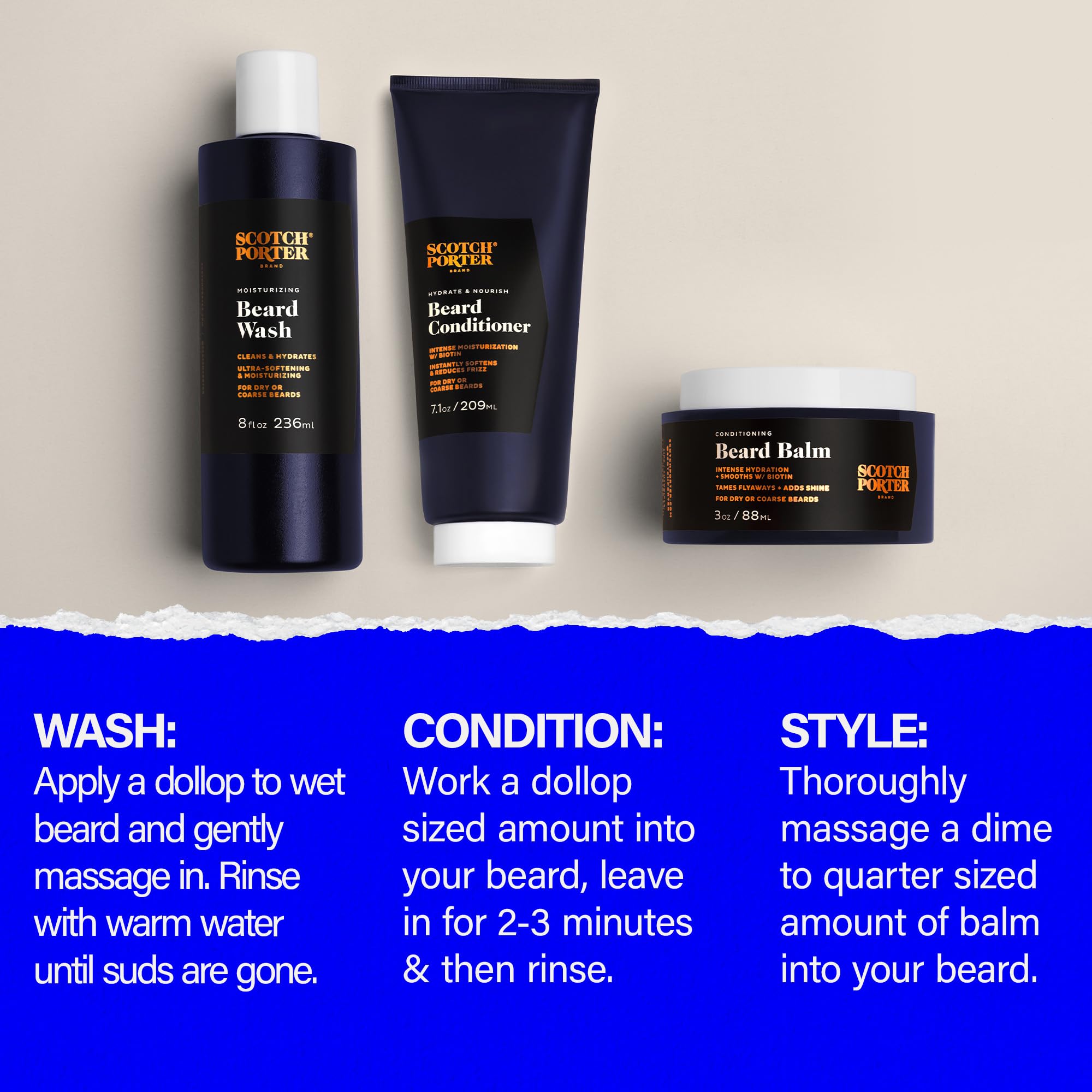 Scotch Porter Beard Wash, Beard Conditioner & Beard Balm for Men Bundle