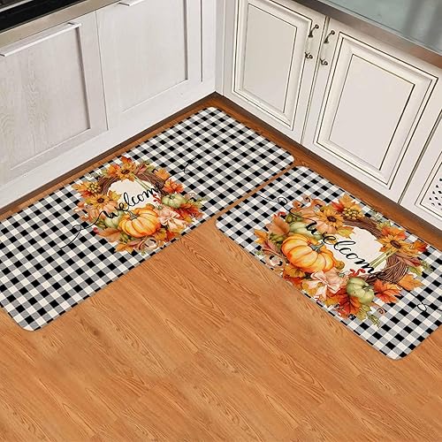 Miniatura 2 de Juego de 2 alfombras de cocina de otoño, calabaza de Acción de Gracias, hojas de arce, corona de girasol, rústico, negro y blanco, tapete de cocina