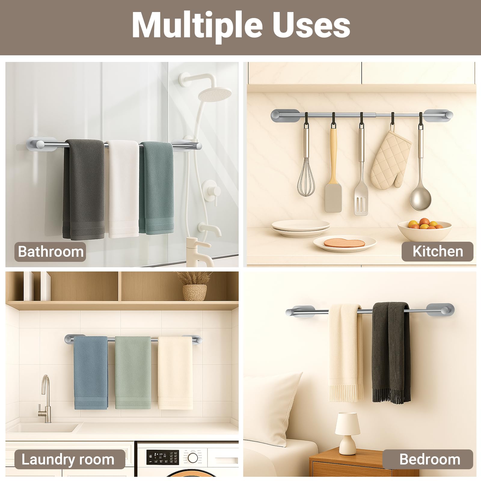 Alyvisun Porta Asciugamani da Bagno Adesivo in Acciaio Inox, Estensibile da 37 cm a 57,5 cm, Porta Asciugamani da Parete per Cucina e Bagno, Portasciugamani Adesivo
