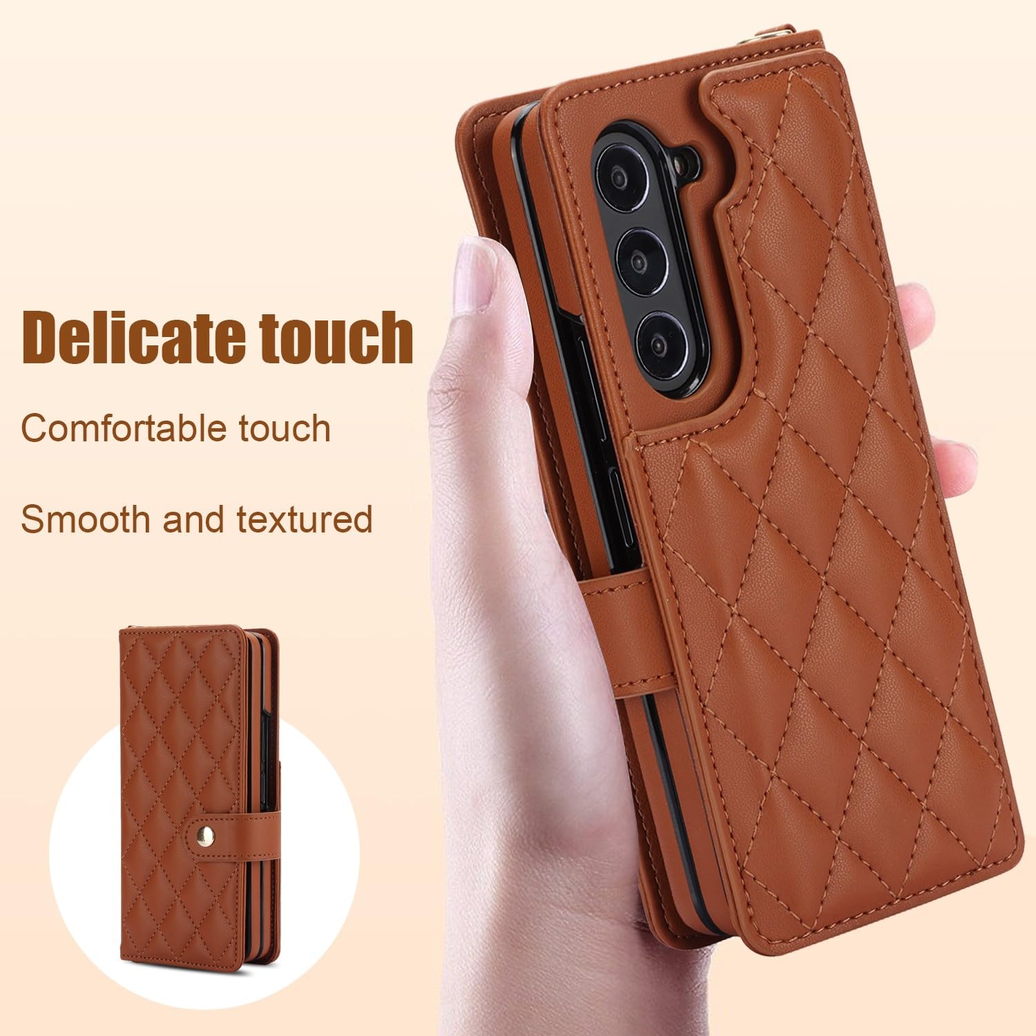 Generic etui kompatybilne z Samsung Galaxy Z Fold 5 (kolor: beżowy biały) wzór siatki skórzany portfel etui z klapką pokrowiec na długopis z paskiem na ramię