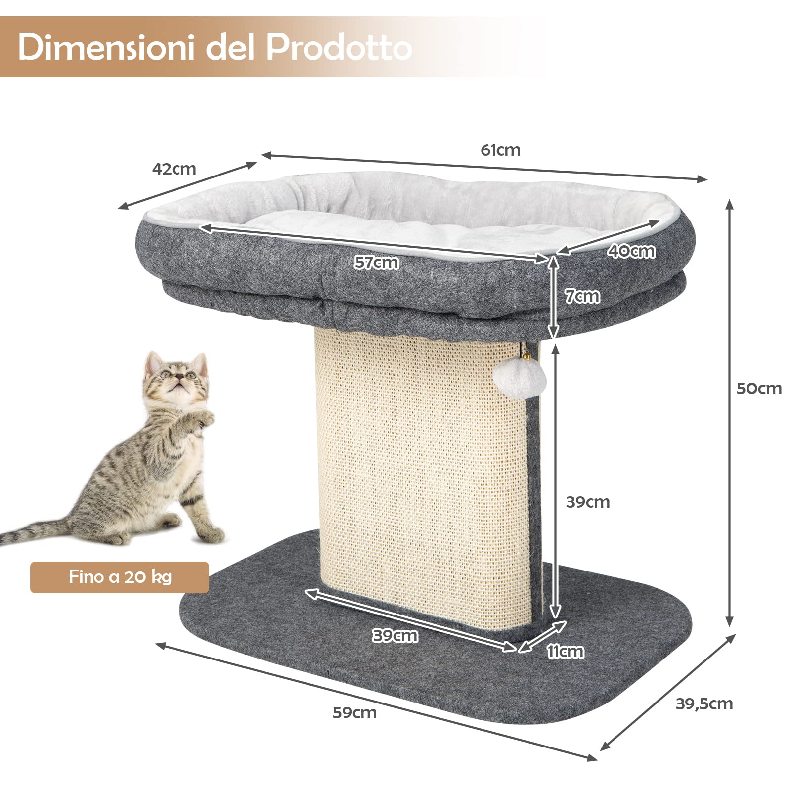COSTWAY Tiragraffi con Grande Cuccia in Peluche e Sisal per Gatti, Struttura da Divano in Legno con Palla, Portata 20 kg (Grigio)
