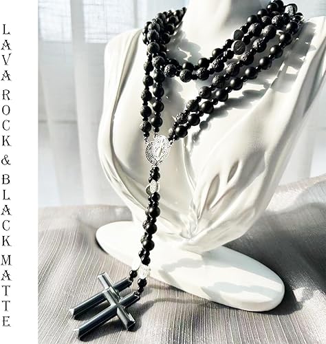 Vista 18 de Tiger Eye Cross Necklace for Men, Obsidian Necklace, Hematite Cross Pendant Lava Rock Rosary Healing Crystal Necklaces