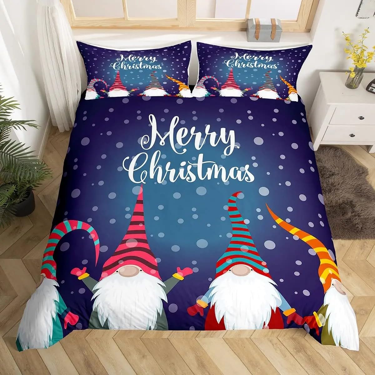 BSYYZQC Double Duvet Cover Christmas Gnomes Snowflakes Bedding Double Bed Set Super Soft Print Microfibre, Cartoon Quilt Cover with Zipper Closure and 2 Pillowcases 19"x29" for boy girls