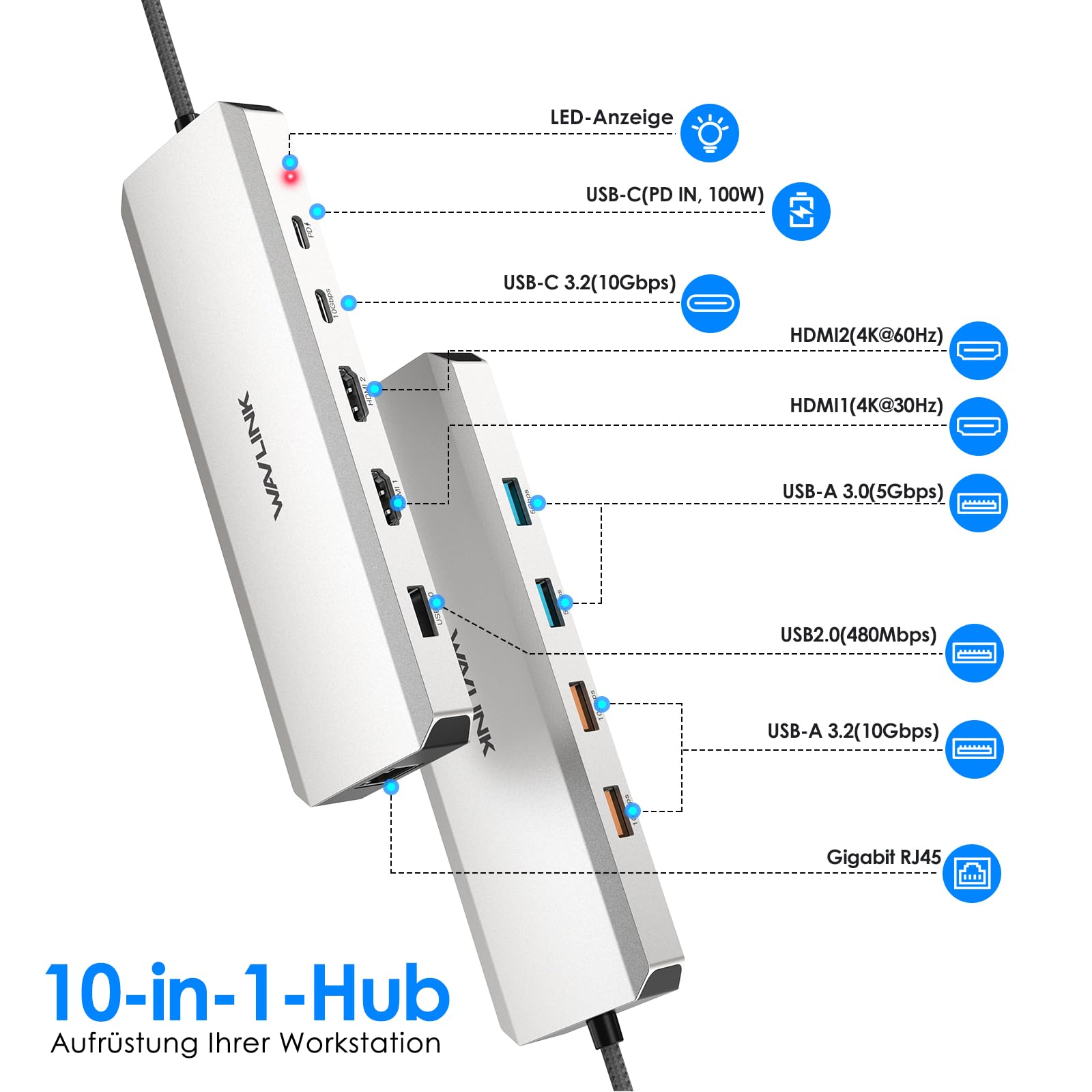 WAVLINK Laptop Docking Station, 10G USB C Hub mit Dual HDMI, 100W PD IN, 10Gbps USB-A/C 3.2, 5Gbps USB-A, USB2.0, Gigabit Ethernet für Dell/HP/Lenovo usw., nur für Windows Systerm Computer