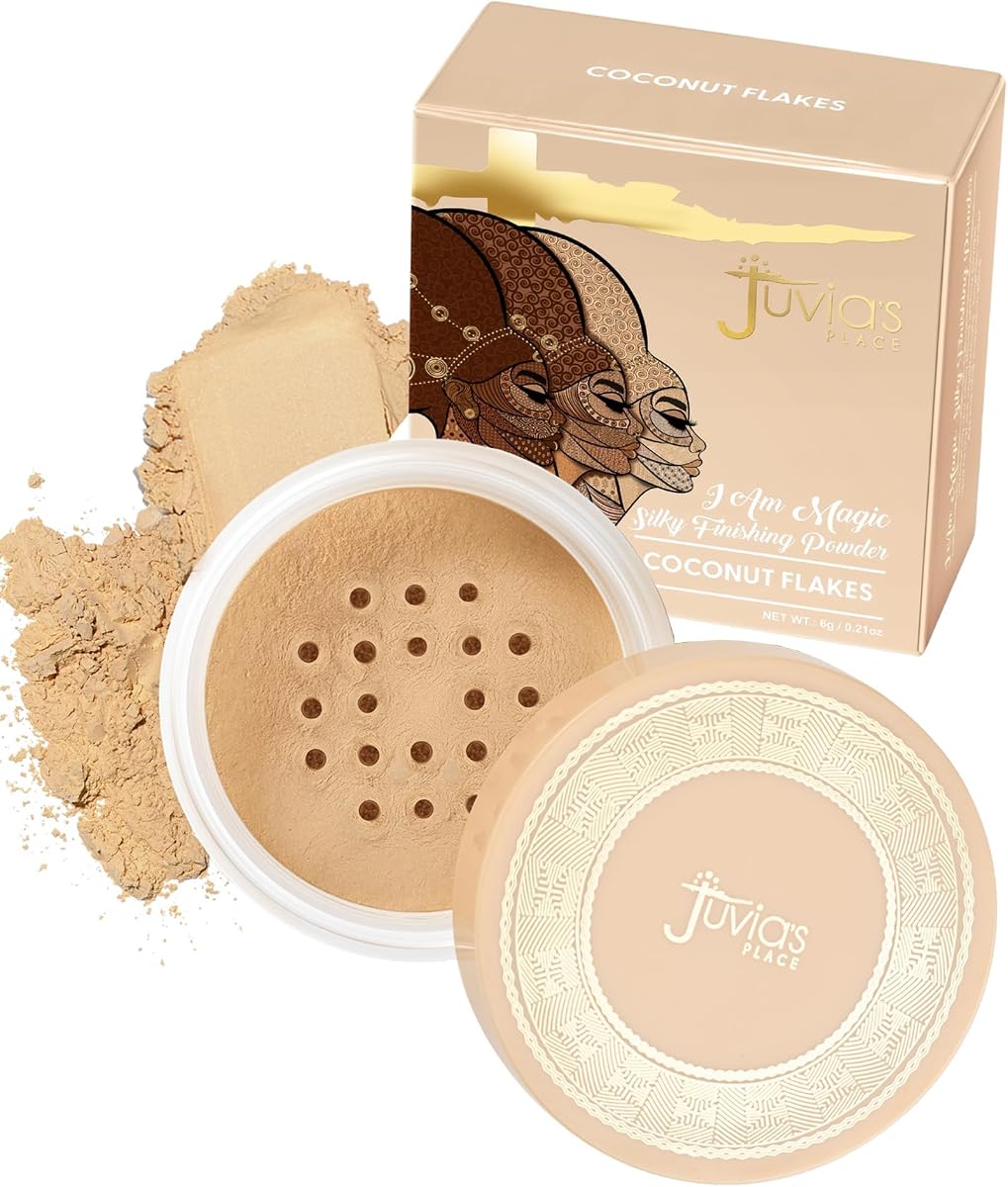 I Am Magic Polvo de acabado sedoso Mini – Copos de coco – Polvo facial suelto ligero para mujeres, maquillaje para debajo de los ojos y la cara – Sin talco ni parabenos – Acabado mate para uso diario