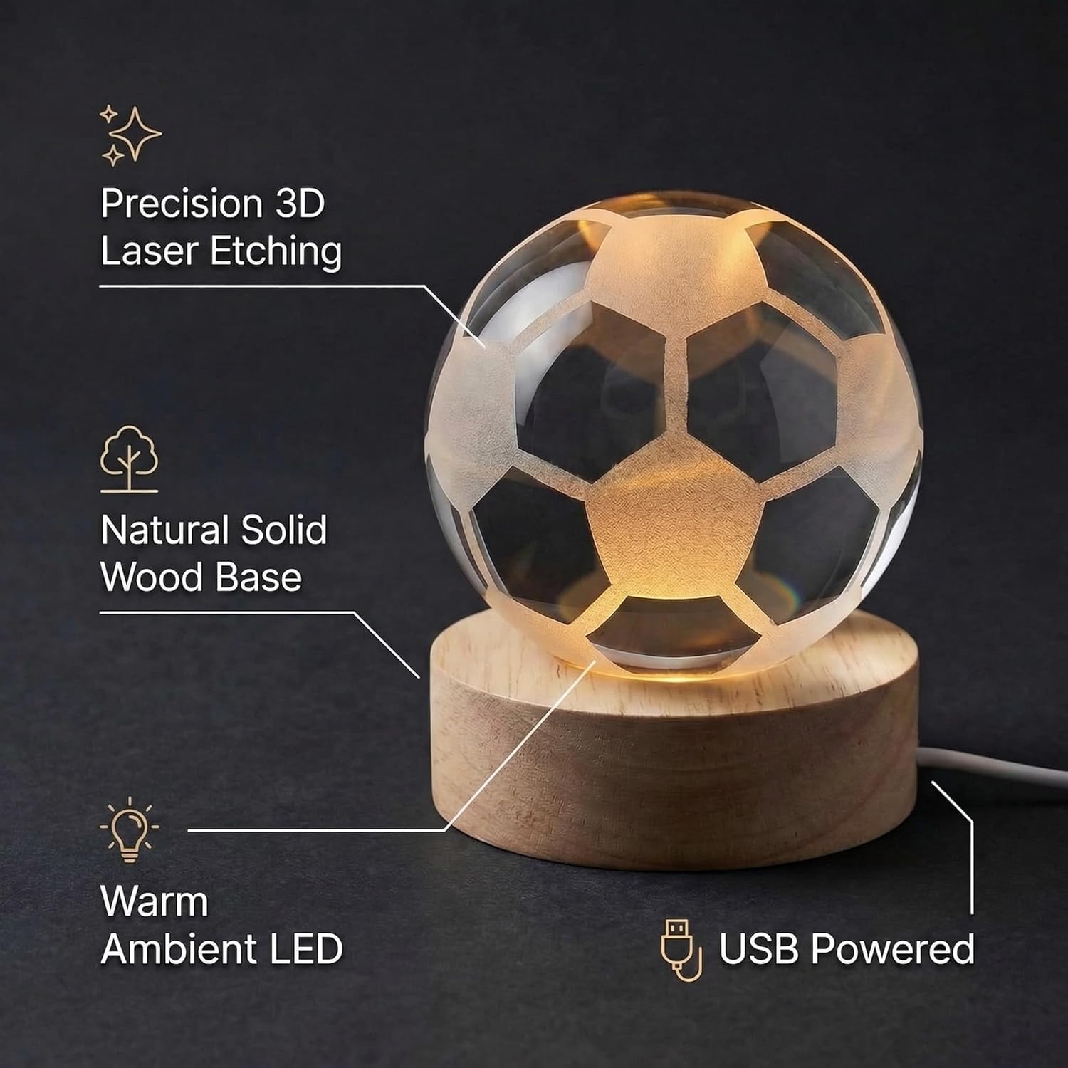 Lampada Cristallo 3D Palla da Calcio con Base in Legno - Luce Notturna LED Sportiva - Sfera di Vetro Incisa al Laser - Idea Regalo per Bambini, Calciatori e Tifosi - Decorazione Scrivania USB (CALCIO) - 3
