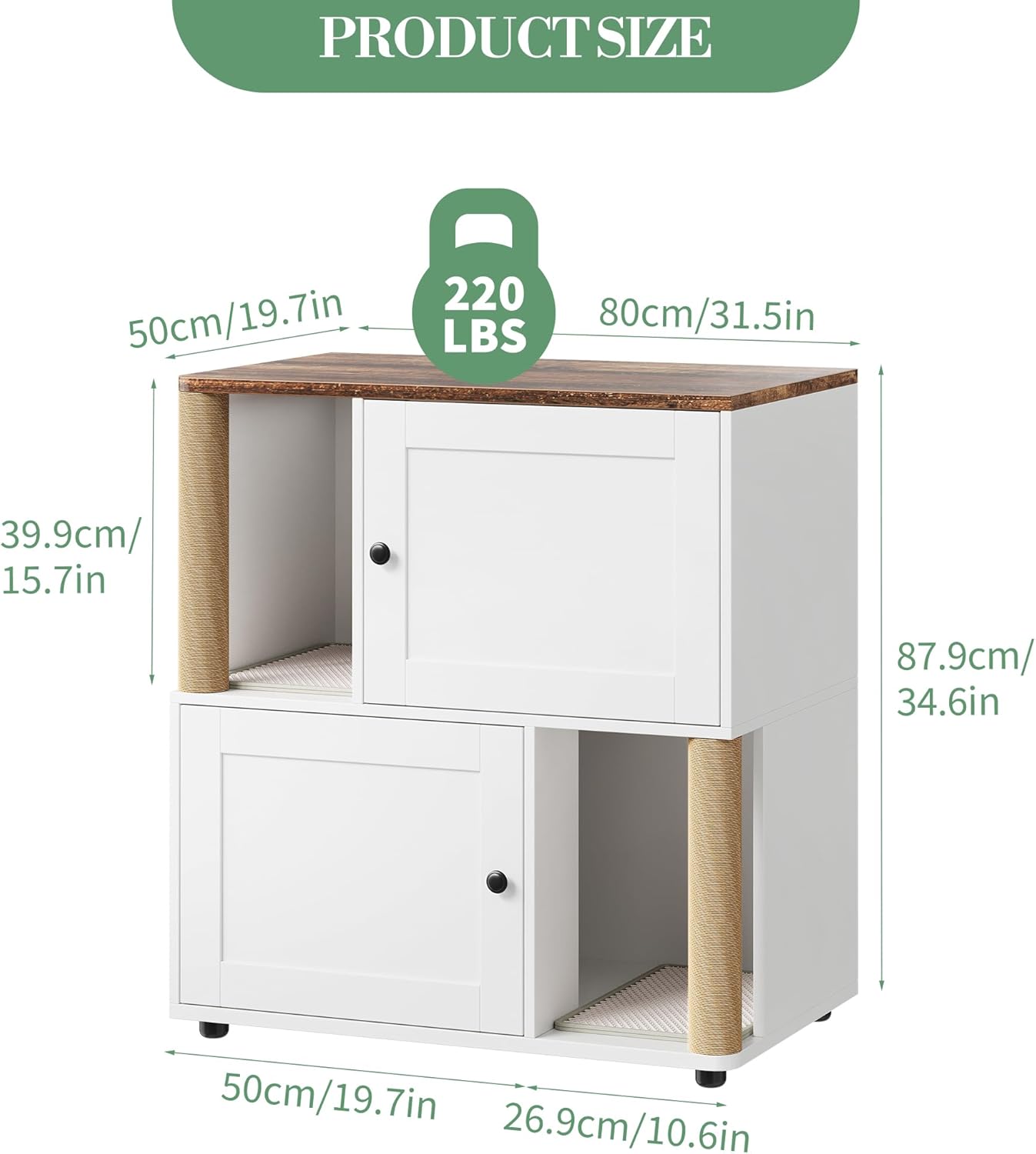 Garvee Cat Litter Box Enclosure for 2 Cats, Double Hidden Litter Box Furniture Cabinet with 2 Scratch Mat and Scratch Post, Modern Farmhouse Wooden Enclosed Cat Washroom, End Side Table