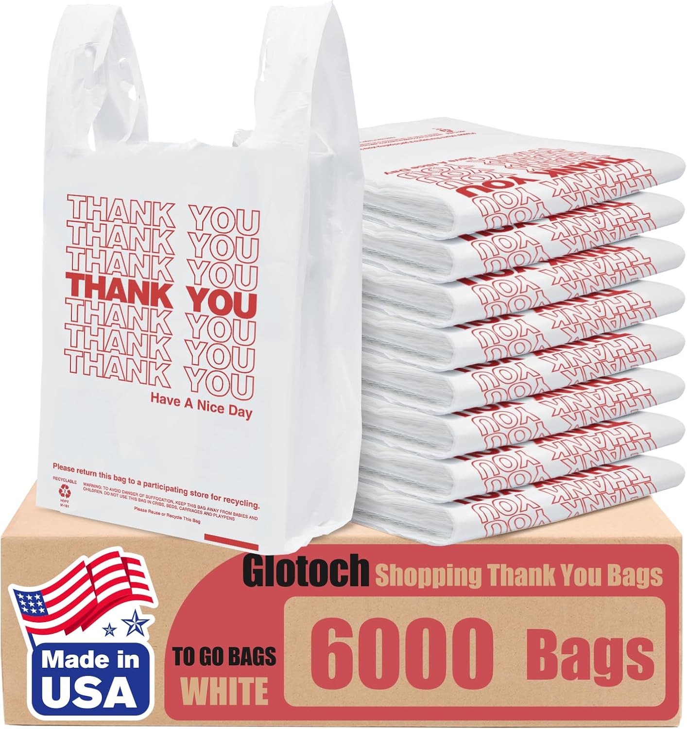 Glotoch (6K) 6000 Count Plastic Thank You Bags for Small Business, 11.5 x 6.5 x 21″ White Grocery Bags with Handles for Restaurant, Retail, Grocery, Takeout, Stores, T-shirt Shopping Bag in Bulk