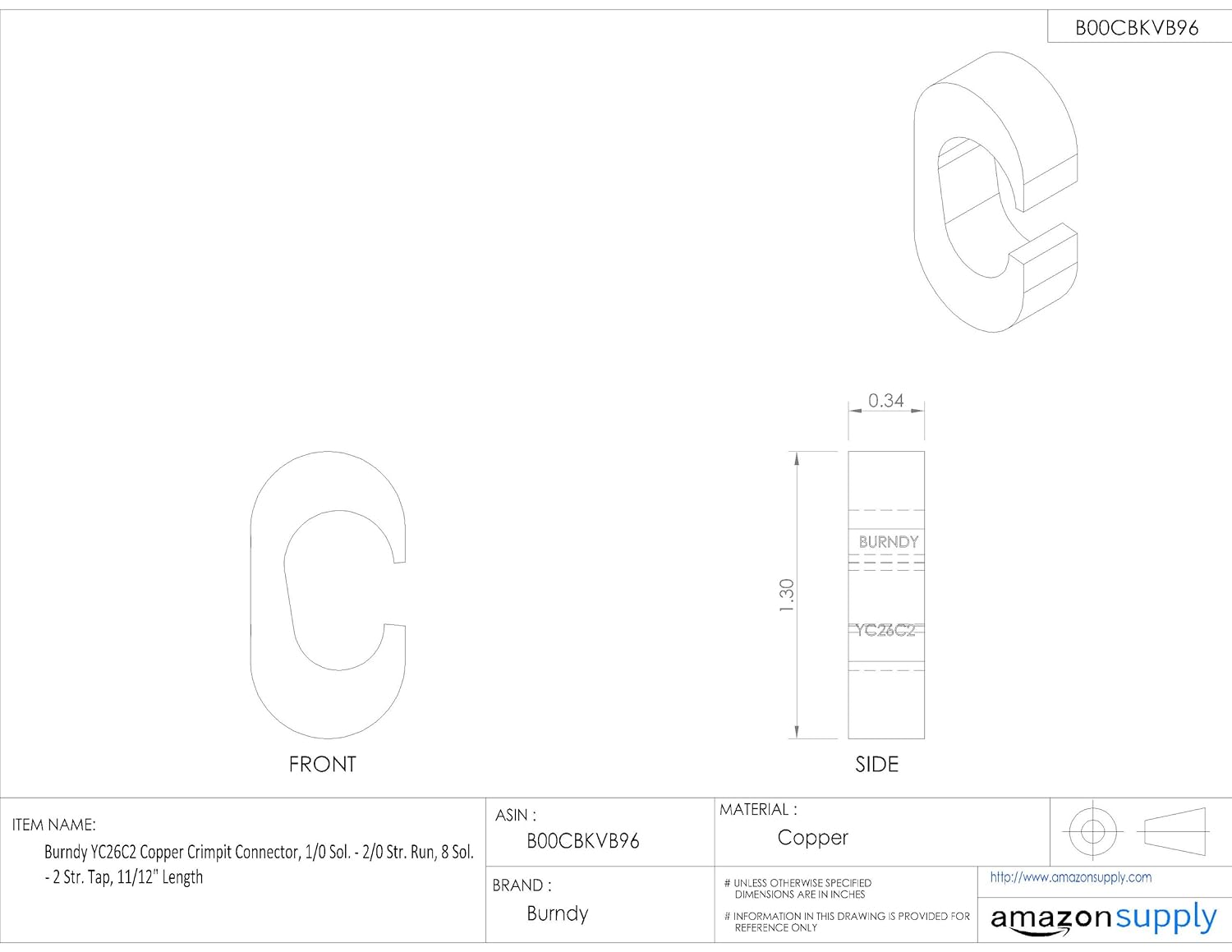 Burndy YC26C2 Copper Crimpit Connector, 1/0 Sol. - 2/0 Str. Run, 8 Sol. - 2 Str. Tap, 11/12" Length