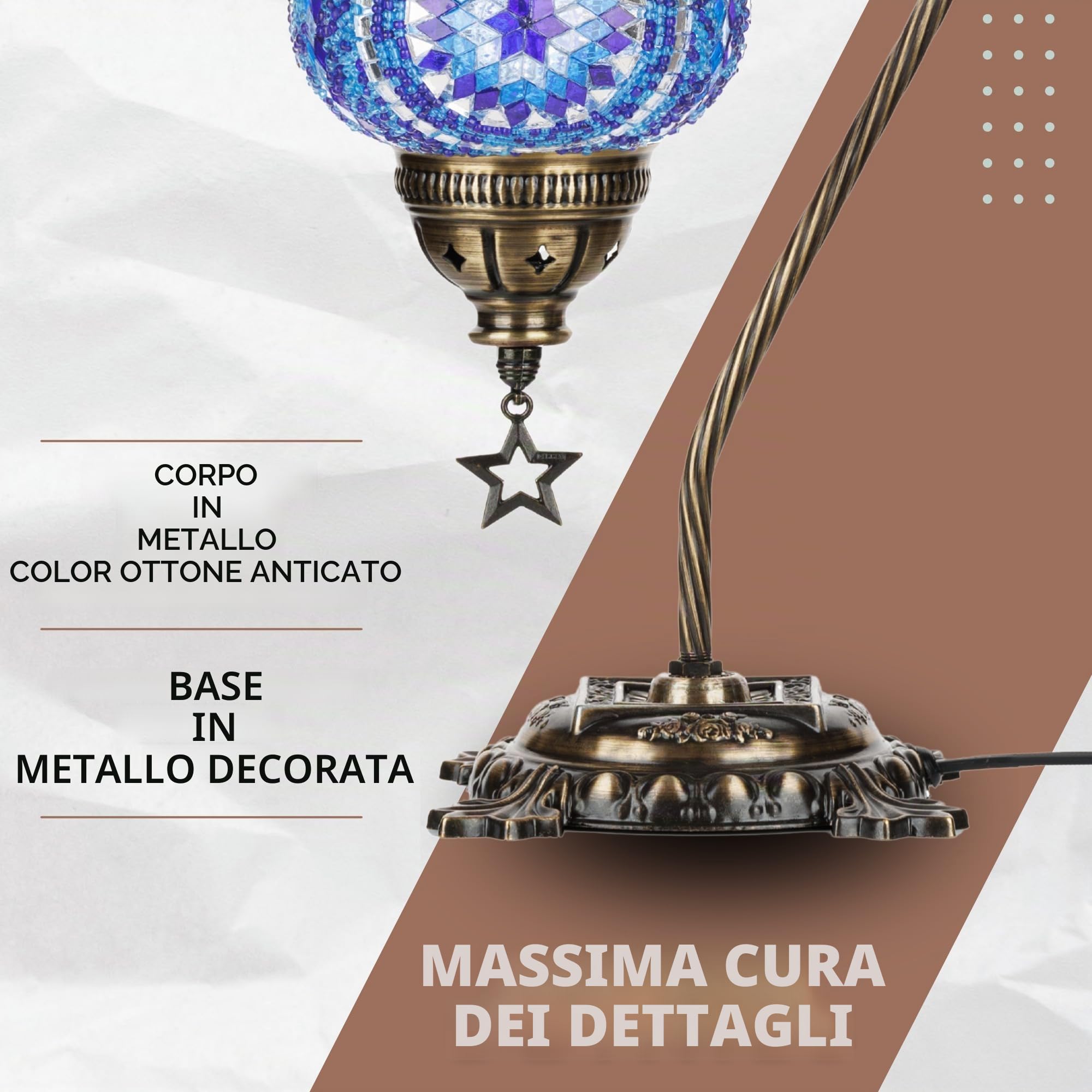 DEMMEX Lampada da tavolo a mosaico turco-marocchino, illuminazione camera da letto e soggiorno, stile Tiffany, mosaico di vetro decorato e perle, corpo in metallo e piedistallo