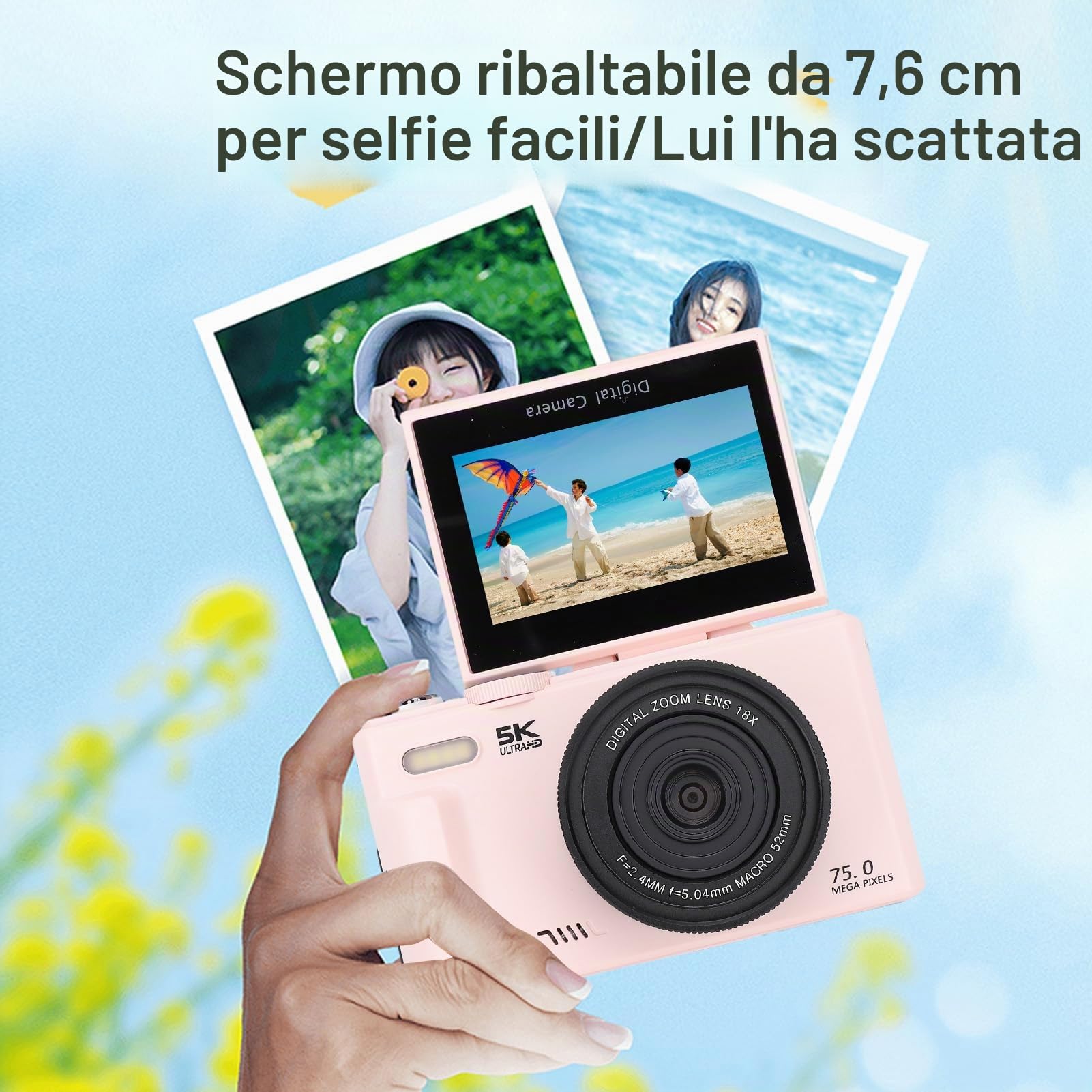 Fotocamera Digitale 5K per Fotografia, Videocamere Vlog Compatte Wi-Fi da 75 MP, Autofocus UHD, Schermo Orientabile a 180° da 3'' con Flash, Zoom 18X, Anti-vibrazione