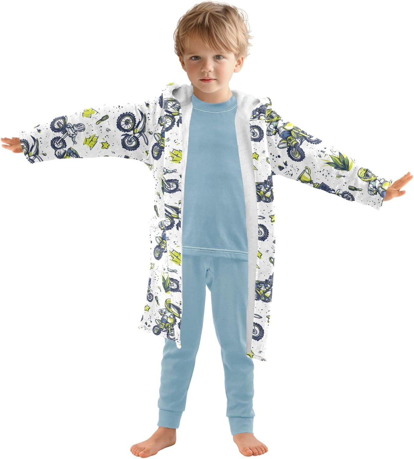 Cartoon Motocross Motorcycle Bathrobe Hooded PJ Robe Plush Fleece Robe Pajama Sleepwear 2-12 Years