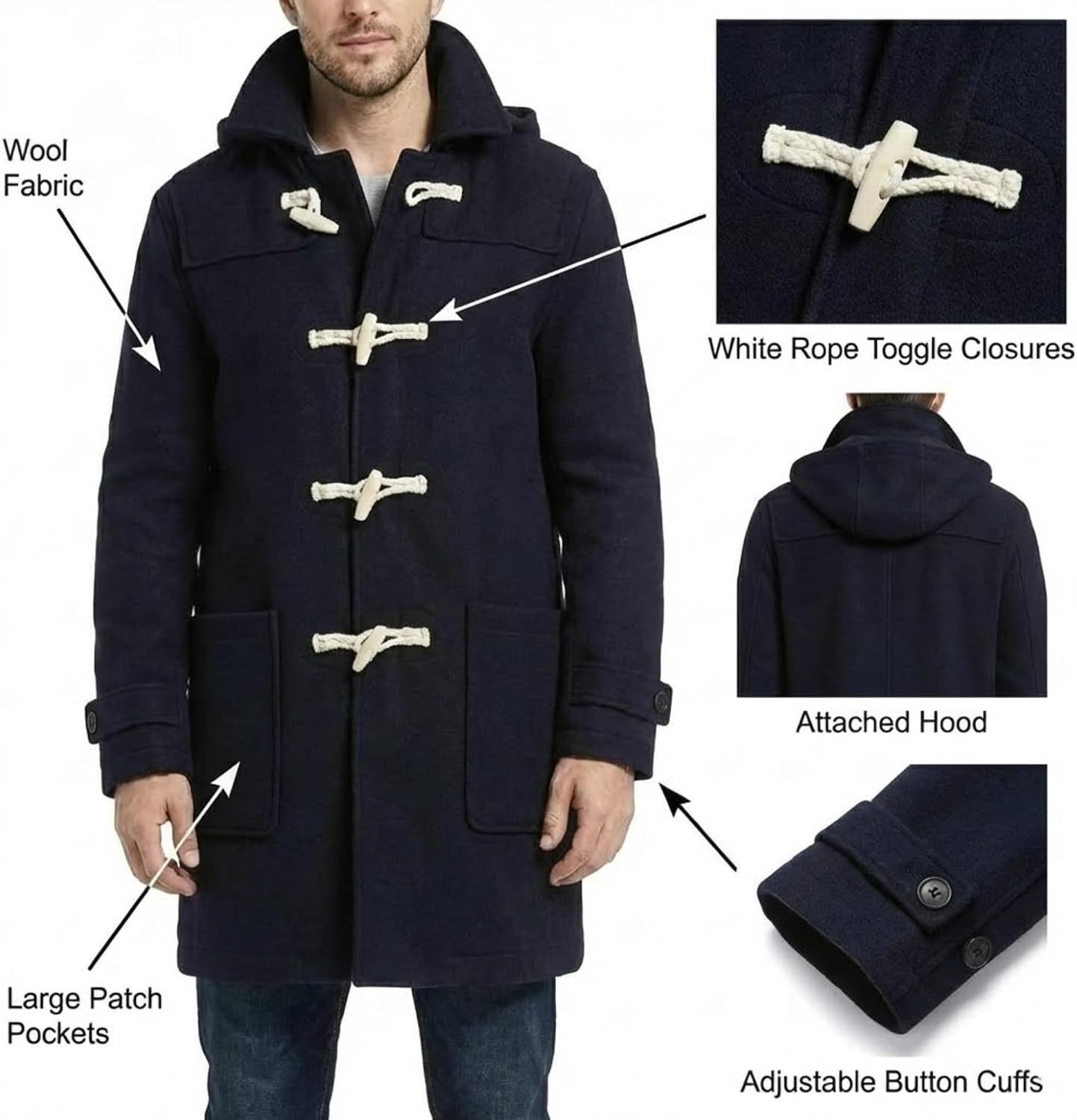 SBL SOUTH BEACH LEATHER Men’s Wool Duffle Coat with Toggle Buttons - Hooded Winter Long Coat - Warm & Stylish Overcoat
