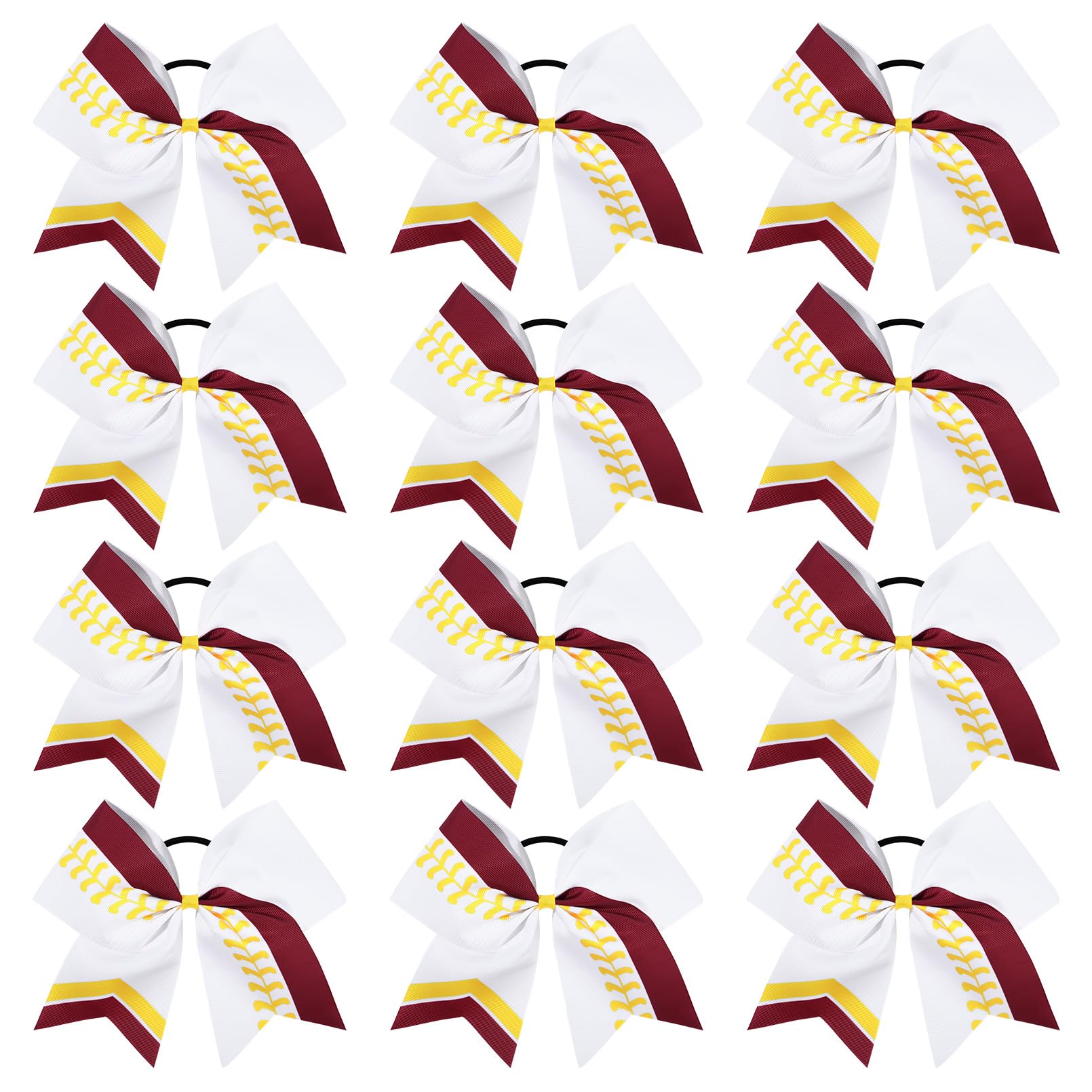 DEEKA 12 PCS Softball Cheer Bows 8" Softball Thread Large Cheer Hair Bows Ponytail Holder Handmade for Teen Girls Sports Cheerleader -White/Maroon/