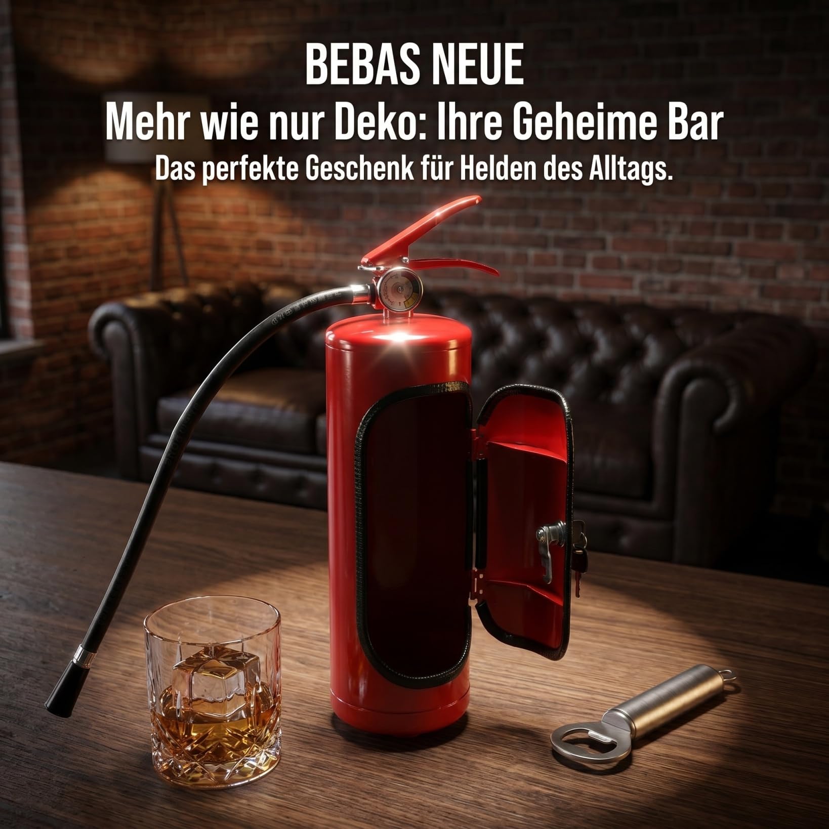 ibasenice Minibar Feuerlöscher Optik, Kreative Bar Geschenkidee für Feuerwehrmänner, Rote Metall Weinkiste & Getränke Regal für Zuhause und Party (30x12cm)