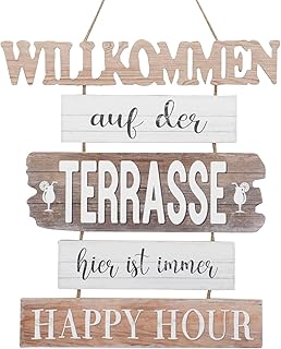 Schild Terrasse Willkommen zum Hängen Holz Tafel Wand-Deko H=61 cm + 13 cm Hänger