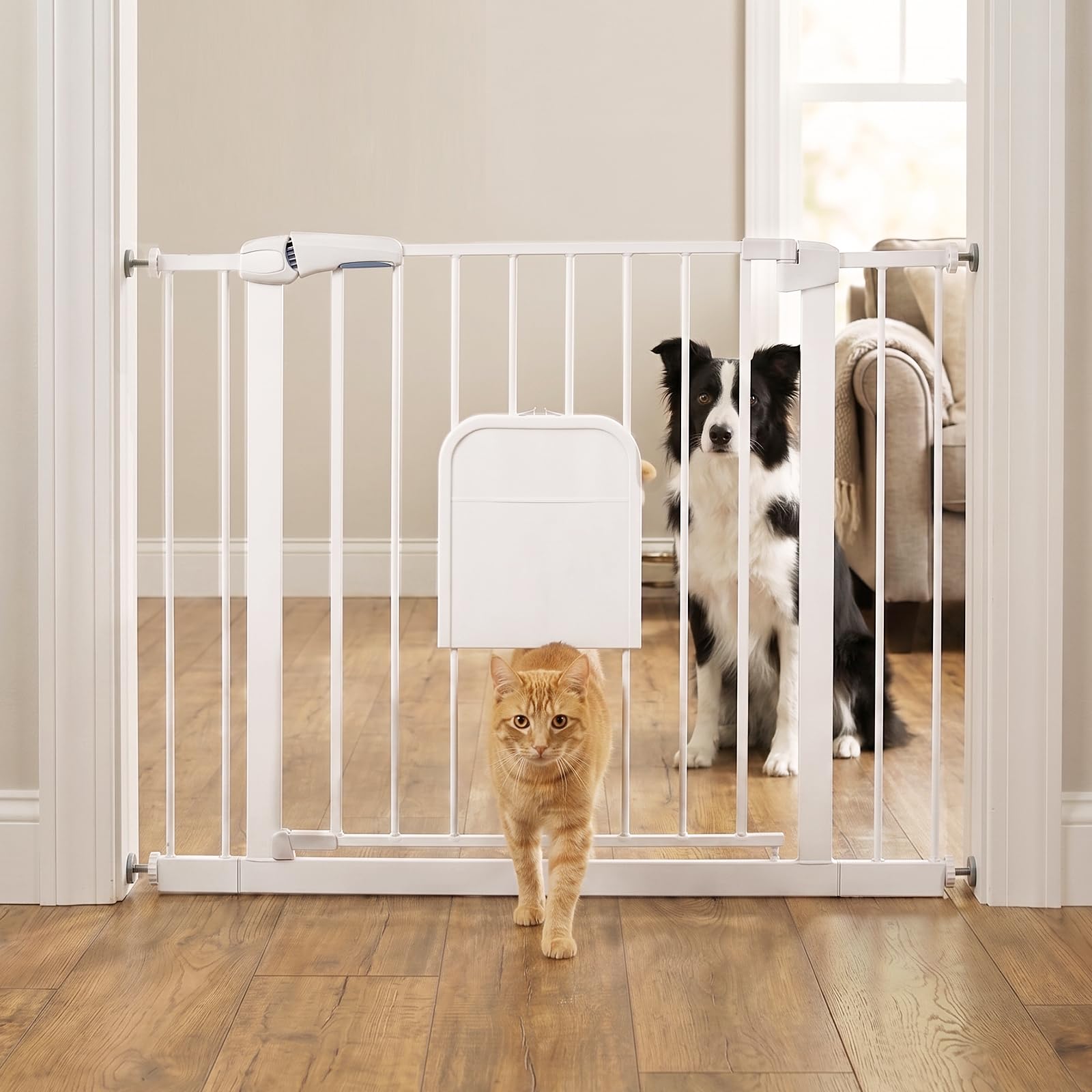 Photo 1 of [SIMILAR ITEM] Metal Pet Gate with Cat Door, Adjustable Dog Gate for Doorways & Stairs, Pressure Mounted, Auto-Close, No Tools Needed, 31-46 Inches, White