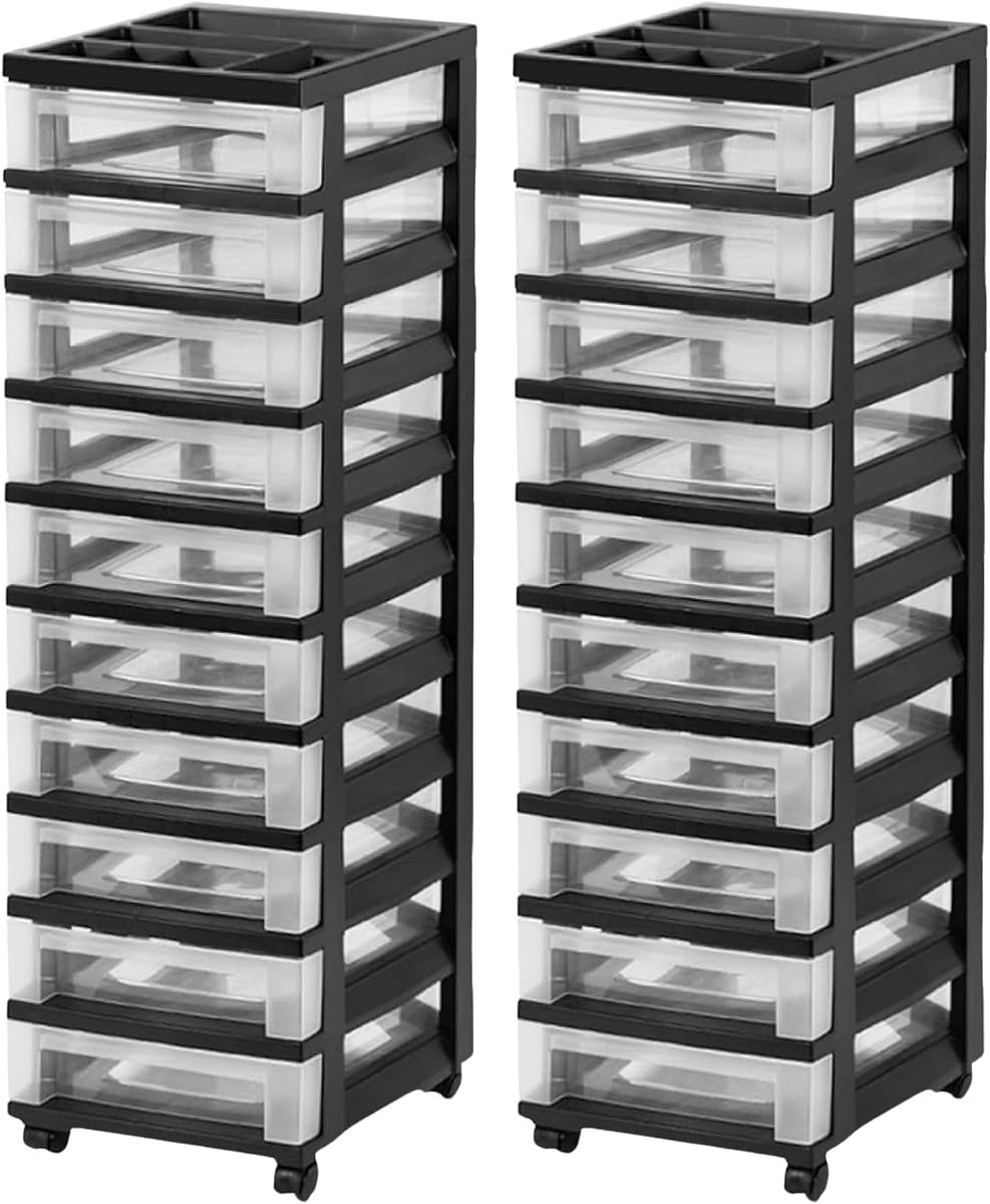 IRIS USA 2 Pack 10-Drawer Plastic Storage Rolling Organizer Cart with Caster Wheels for Laundry Room, Bathroom, or Closet Dresser Storage, Black/Clear