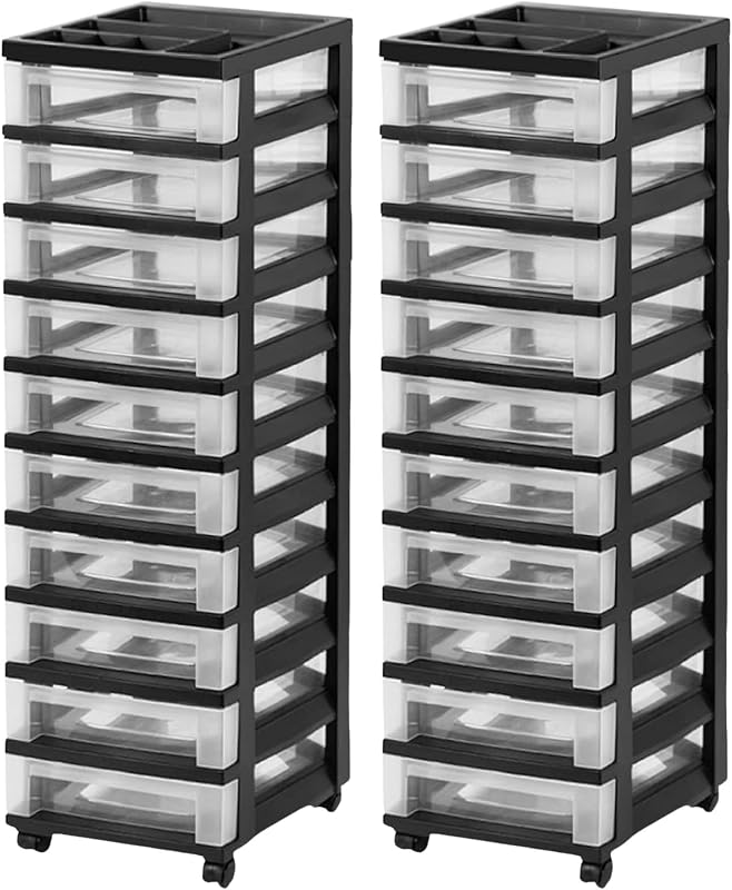 IRIS USA 2 Pack 10-Drawer Plastic Storage Rolling Organizer Cart with Caster Wheels for Laundry Room, Bathroom, or Closet Dresser Storage, Black/Clear