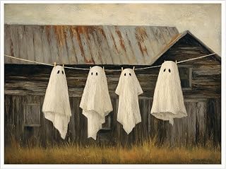 Rustic Ghosts on Clothesline Halloween Wall Art – Whimsical Country Barn Print with Sheet Ghosts Hanging Outdoors for Cozy Farmhouse Living Room Decor-16x20Inch Ready to Hang(Unframed)