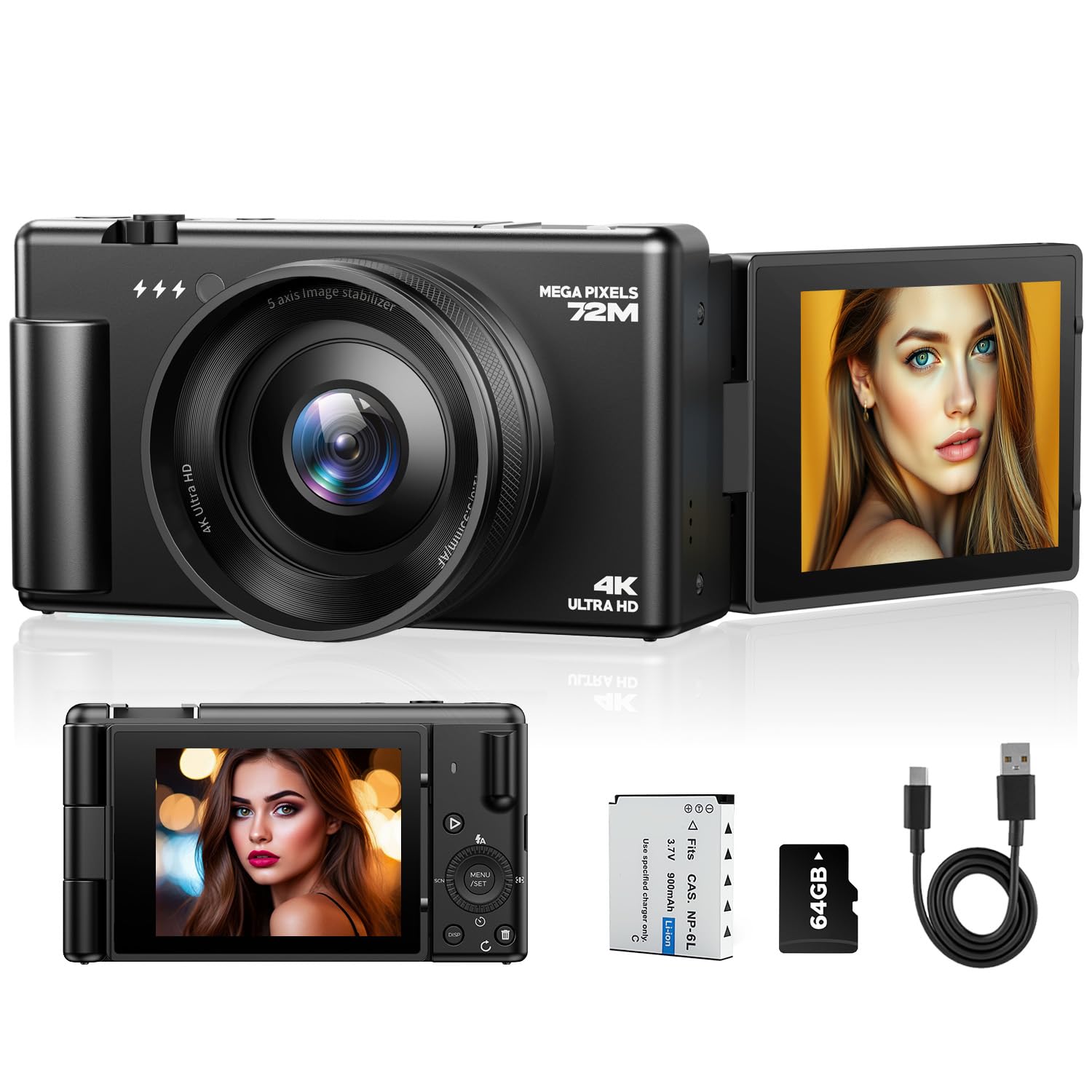 4K Digital Camera for Photography, 72MP Autofocus Vlogging Cameras for YouTube with 64GB SD Card and Battery, 18X Digital Zoom 2.8" 270° Flip Screen Compact Travel Camera for Teens