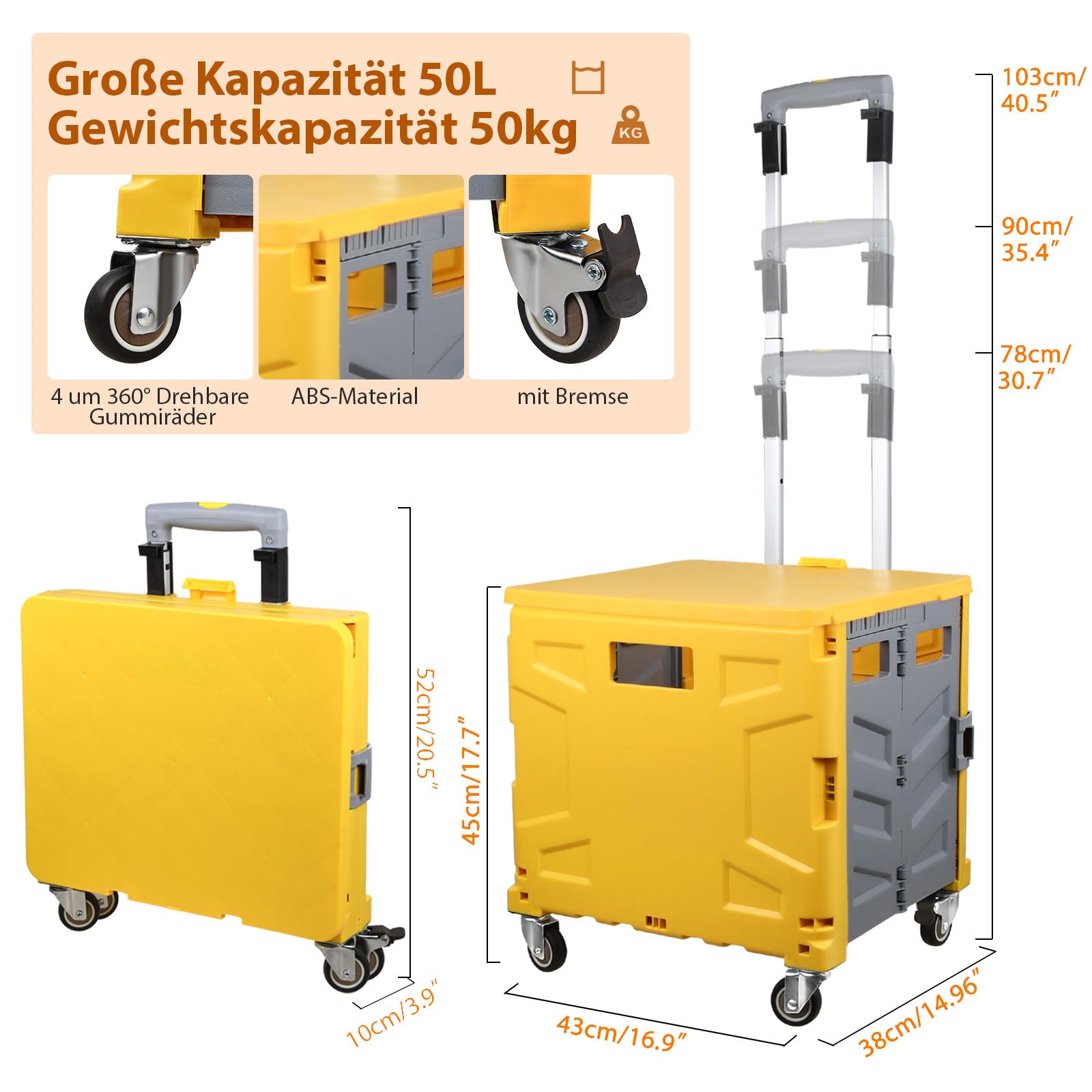 Einkaufstrolley Klappbar, Transport Trolley, bis 50 kg, 50 l Kiste, Einkaufskorb mit Deckel, Ausziehbarer Alu Ausziehgriff, 4 um 360° Drehbare Metallrad, 103 x 43 x 38 cm (Gelb Grau)