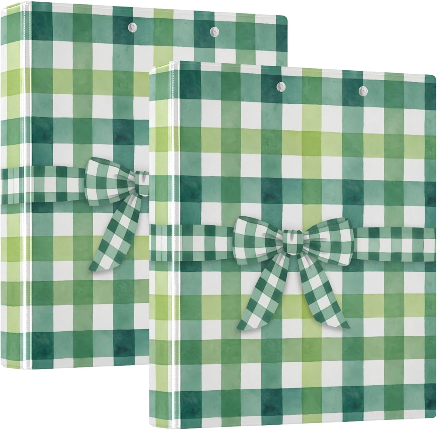 St Patrick's Green Plaid Bow 3 Ring Binders, 1.5” Round Ring Binders with Clipboard - Letter Size, 3 Interior PVC Clear Pockets & Anti-Slip Clip for Office School Supplies, 2PCS
