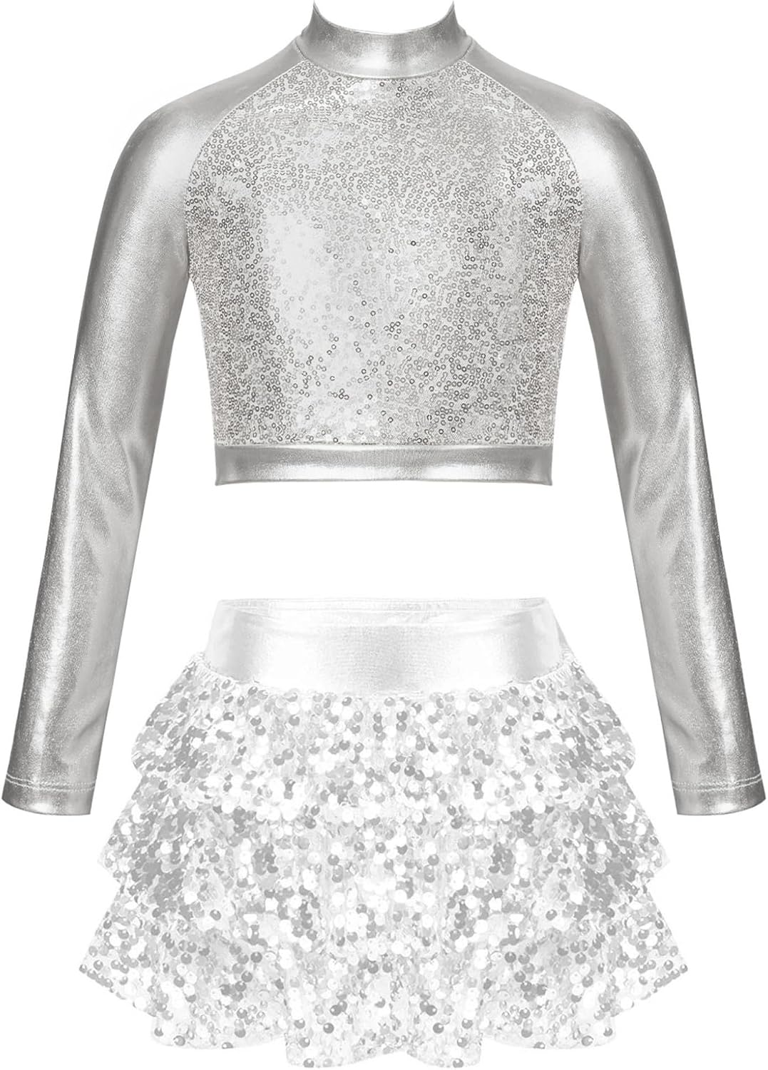 Hansber Girls Sequins Jazz Hip Hop Dance Outfits Long Sleeve Mock Neck Crop Top with Skirted Shorts 2 Pieces Street Dress