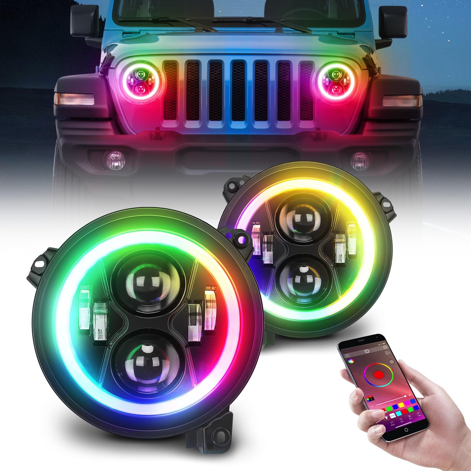 SUPAREE 9 Inch Round LED Headlights RGB Halo with Amber Turn Signal fit for 2018 2019 2020 2021 2022 Jeep Wrangler JL 2019 2020 2021 2022 2023 2024 Gladiator JT Accessories with Beam Adjuster, 2 Packs
