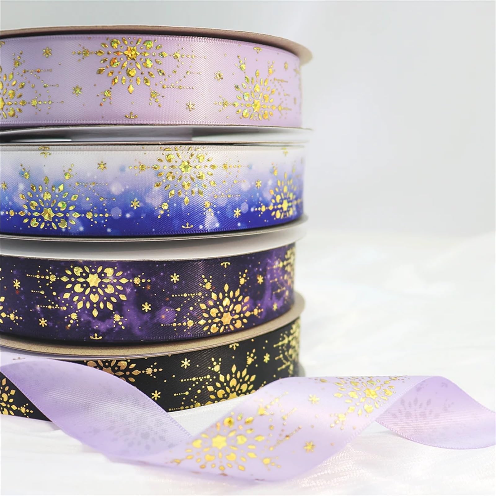 Satinband 1'' 25mm Laser Gold Folie Schneeflocke Gedruckt Satin Band for Party Dekoration Verpackung DIY Nähen Zubehör(Color-01,100Yards)