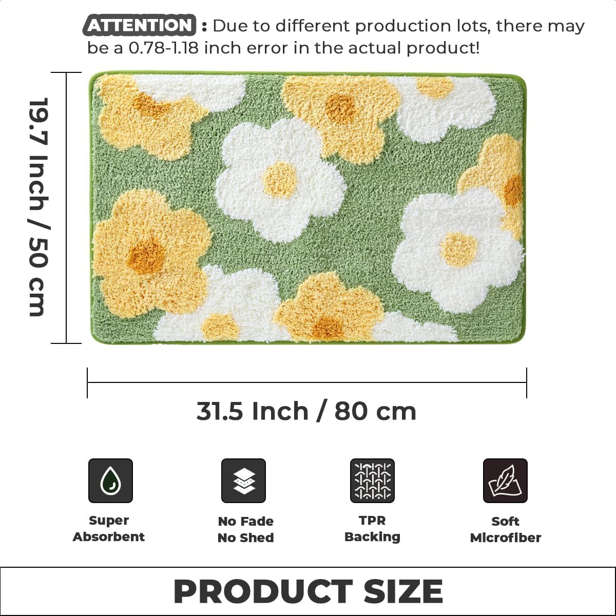 Plants Bathroom Mat Cute Absorbent Bath Rug Non Slip and Machine Washable Bath Shaggy Carpet for Kitchen, Bedroom and Living Room (Yellow and White Floret, 31"x20")