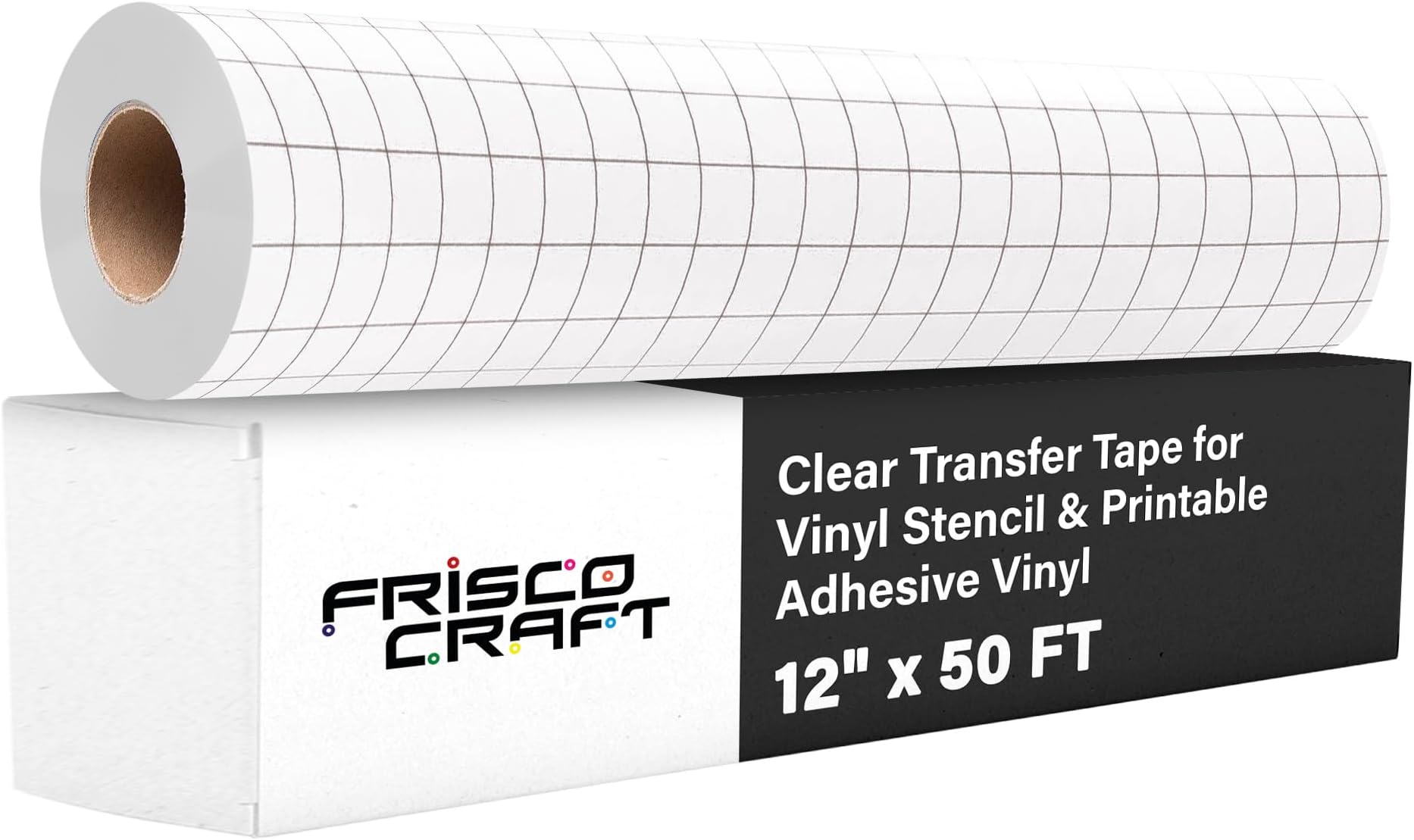Frisco Craft Clear Vinyl Transfer Paper Tape Roll w/Alignment Grid Application Tape, Medium Tack Adhesive Vinyl for Decals, Signs, Windows, Stickers (12" x 50 Ft)