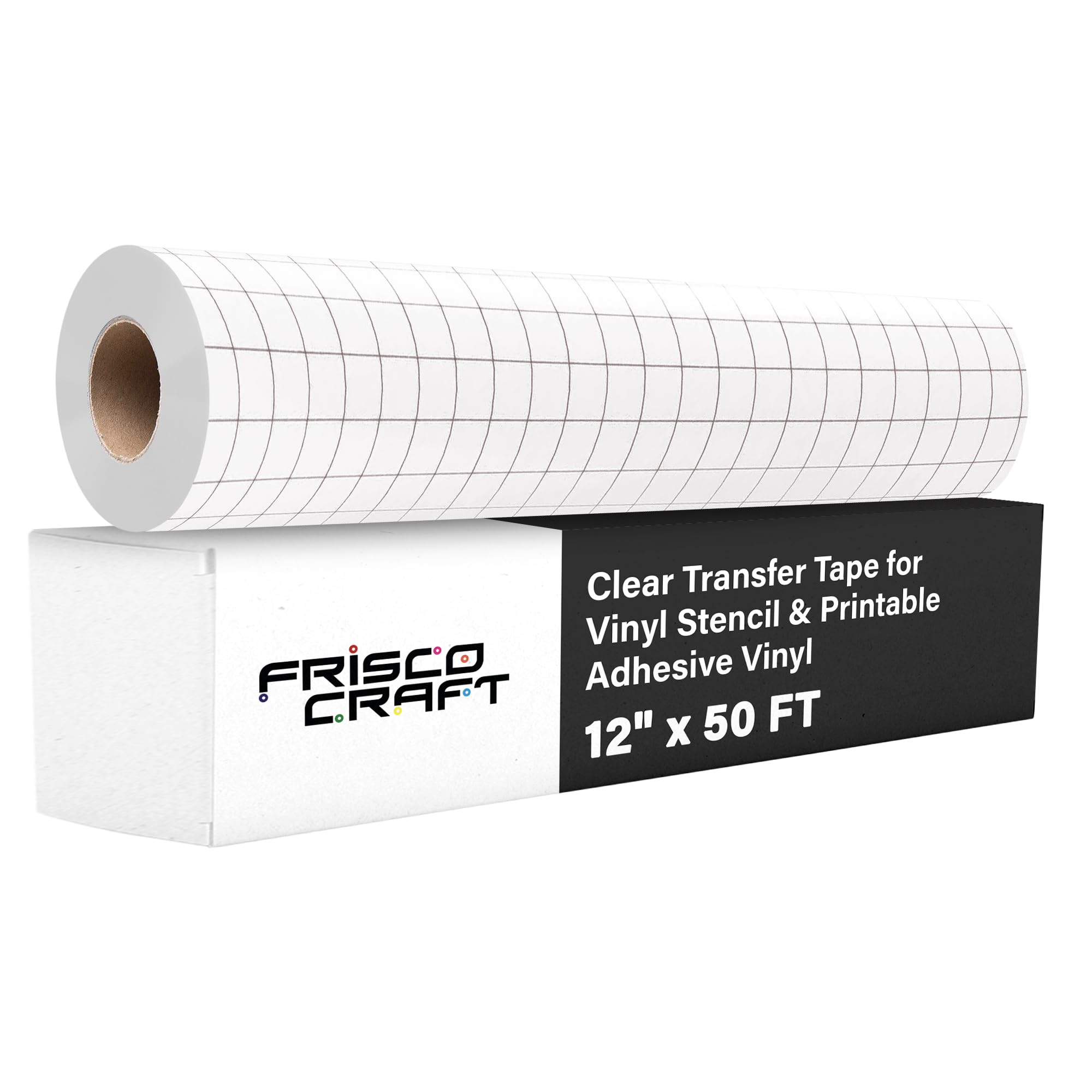 Frisco Craft Clear Vinyl Transfer Paper Tape Roll w/Alignment Grid Application Tape, Medium Tack Adhesive Vinyl for Decals, Signs, Windows, Stickers (12" x 50 Ft)