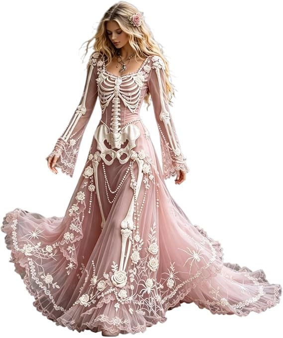 Women Gothic Skeleton Rose Long Dress