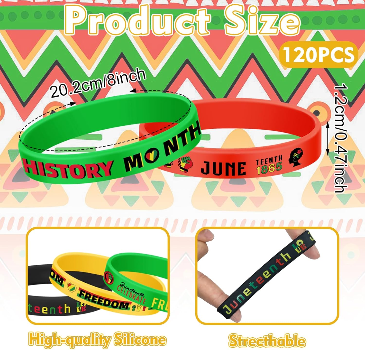 120PCS Juneteenth Silicone Bracelets Bulk African Colors Wristbands Accessories–Happy Juneteenth Rubber Bracelet, Black Freedom Day Bracelets Gifts, Independence Day Decoration, Party Favors(8 Designs)