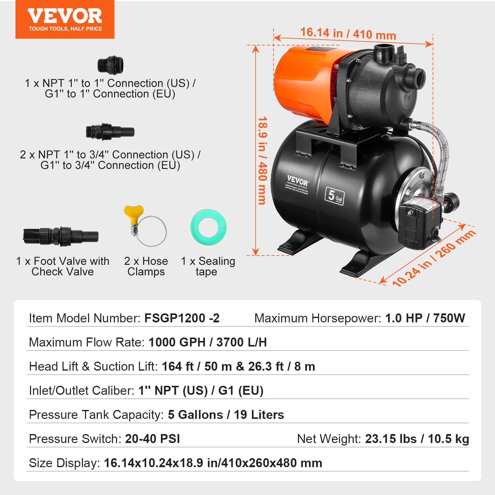VEVOR Pompa per Pozzi Poco Profondi 750 W 3700 L/H con Serbatoio di Pressione